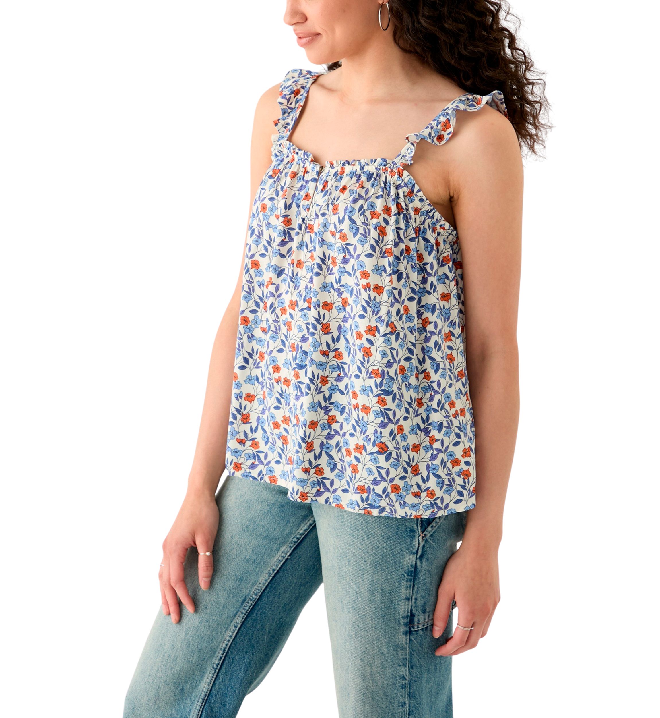 Womens Printed Ruffle Tank Top