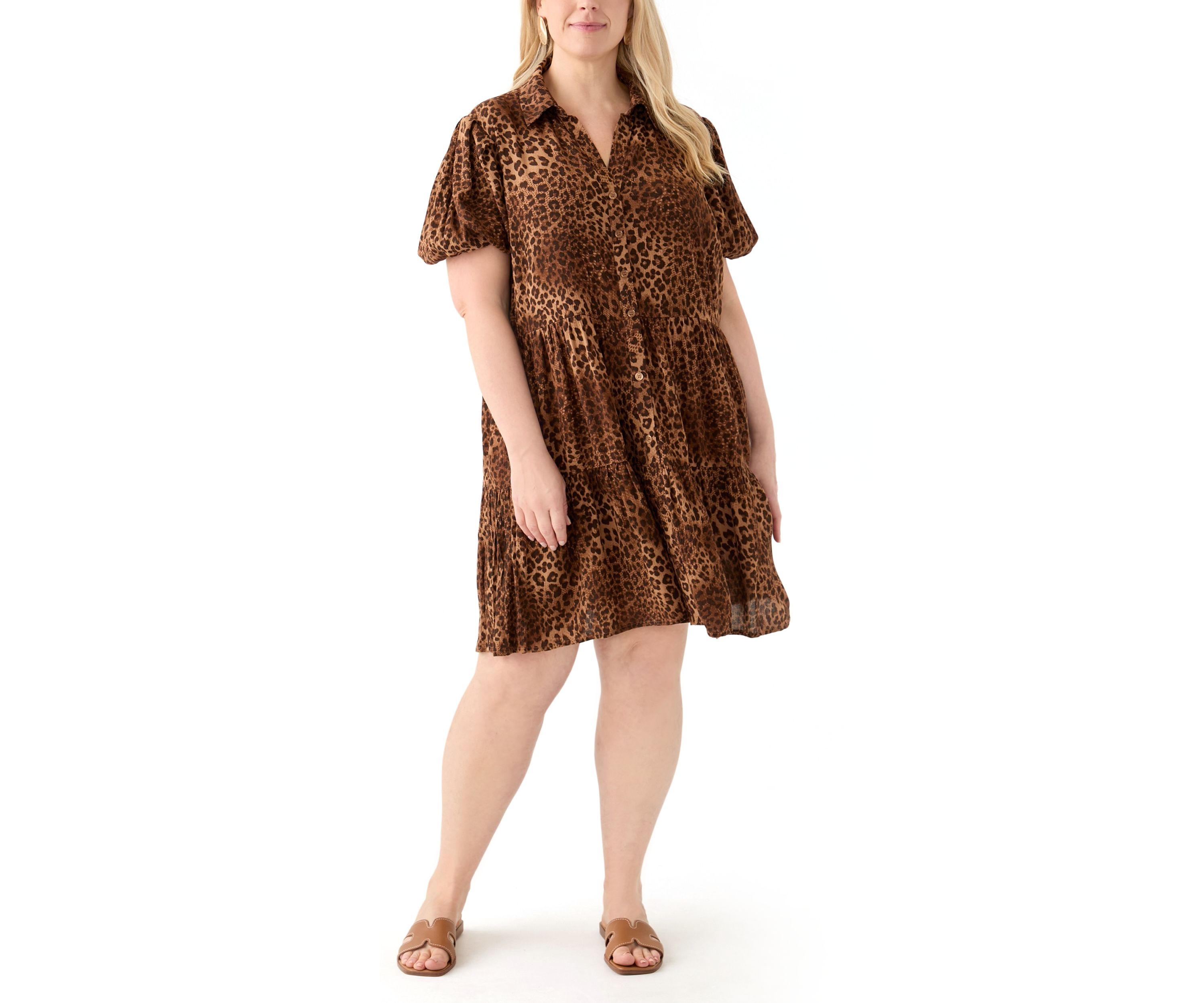 Plus Size Short Blouson Sleeve Printed Shirt Dress
