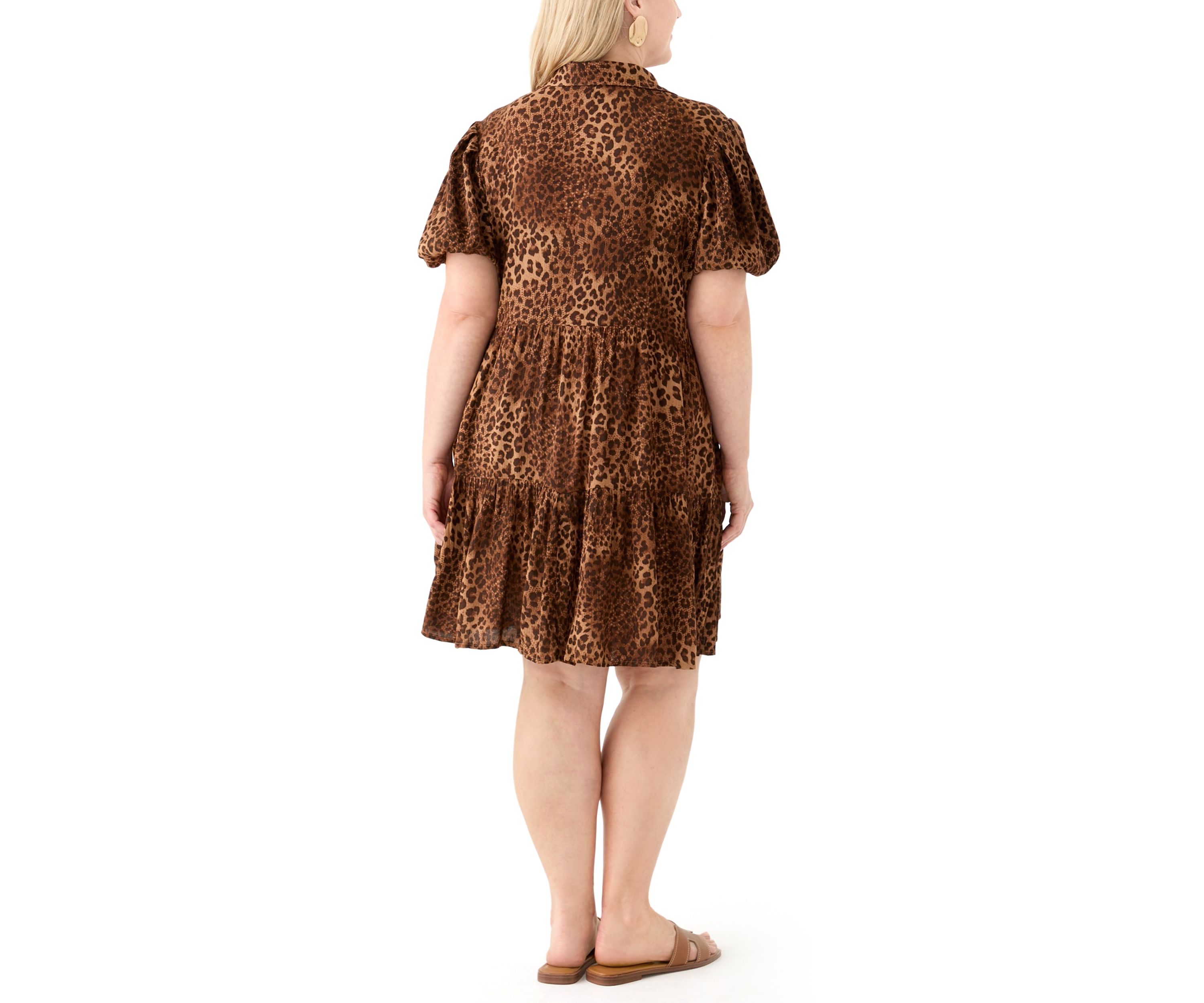 Plus Size Short Blouson Sleeve Printed Shirt Dress