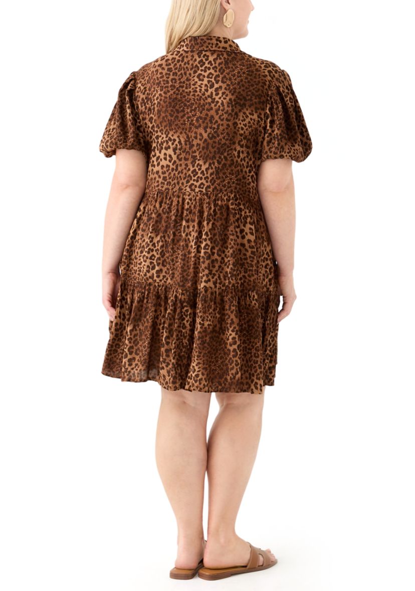 Plus Size Short Blouson Sleeve Printed Shirt Dress