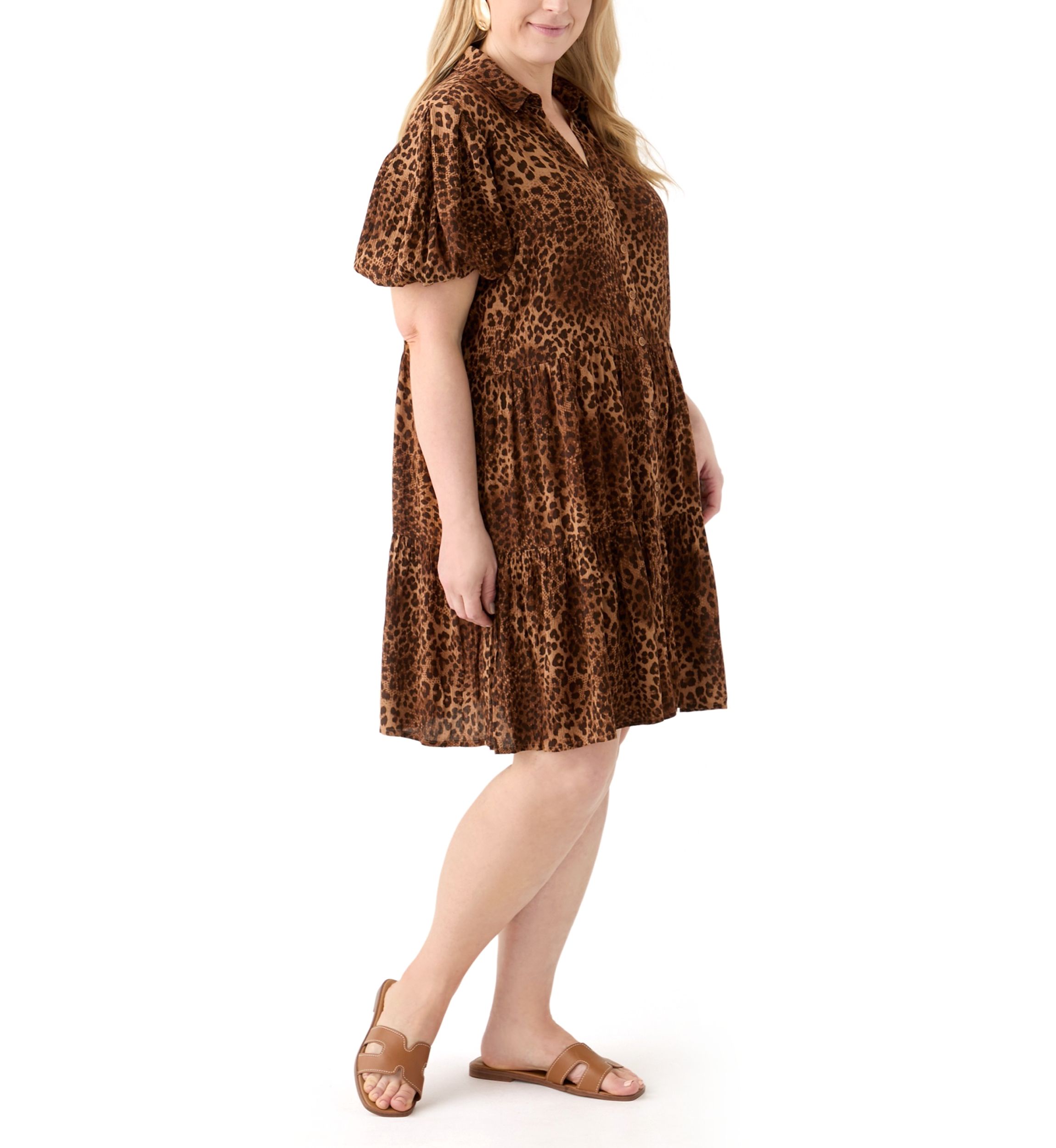 Plus Size Short Blouson Sleeve Printed Shirt Dress