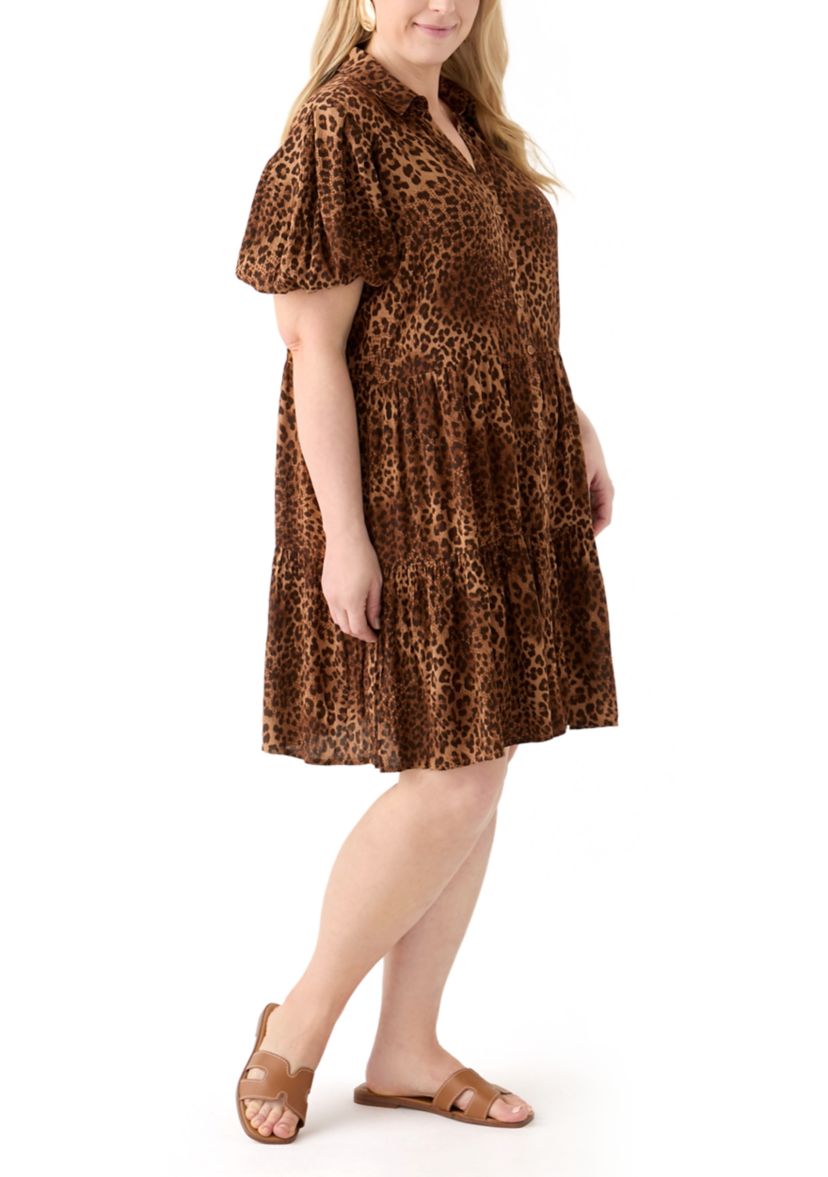 Plus Size Short Blouson Sleeve Printed Shirt Dress