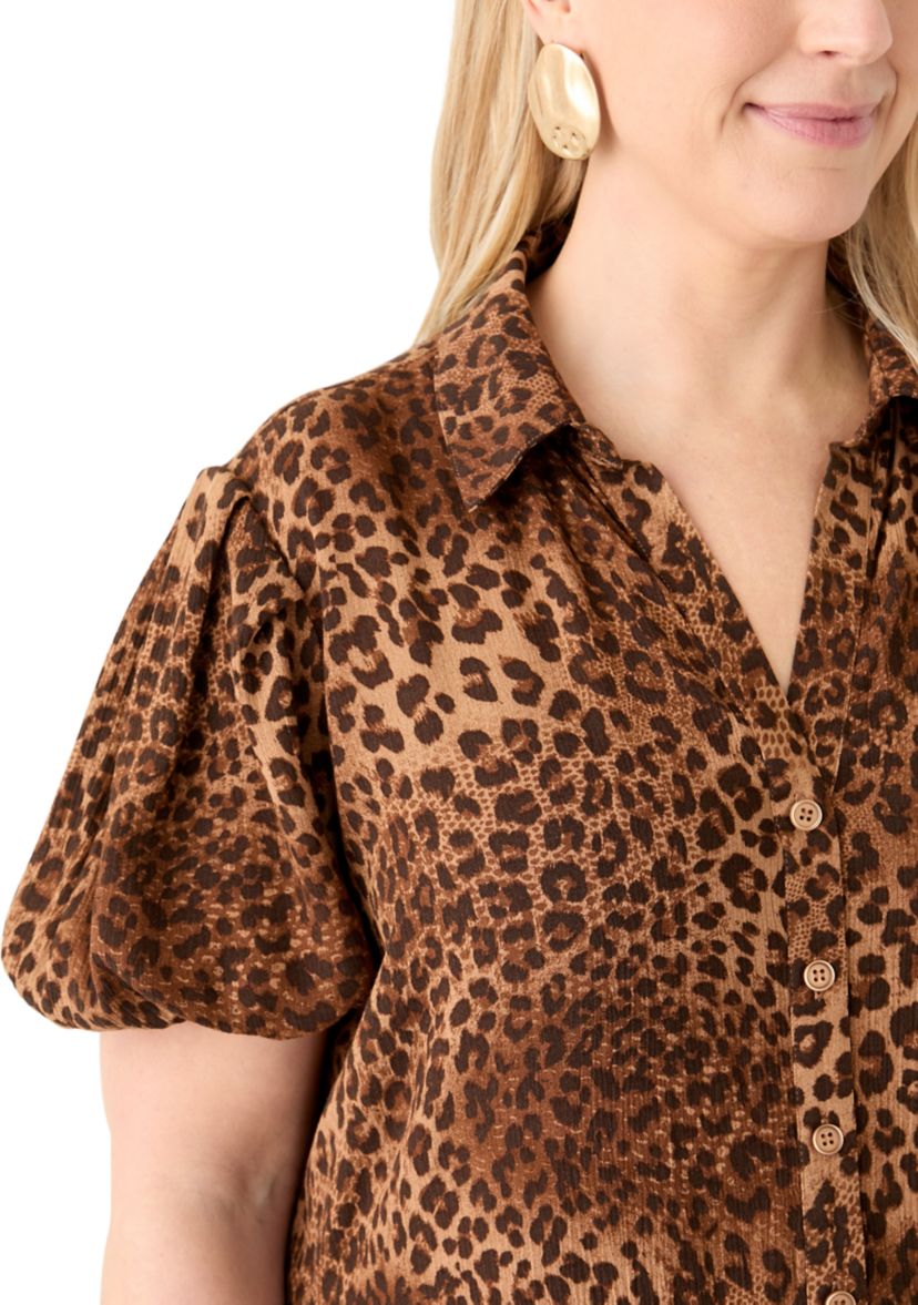 Plus Size Short Blouson Sleeve Printed Shirt Dress