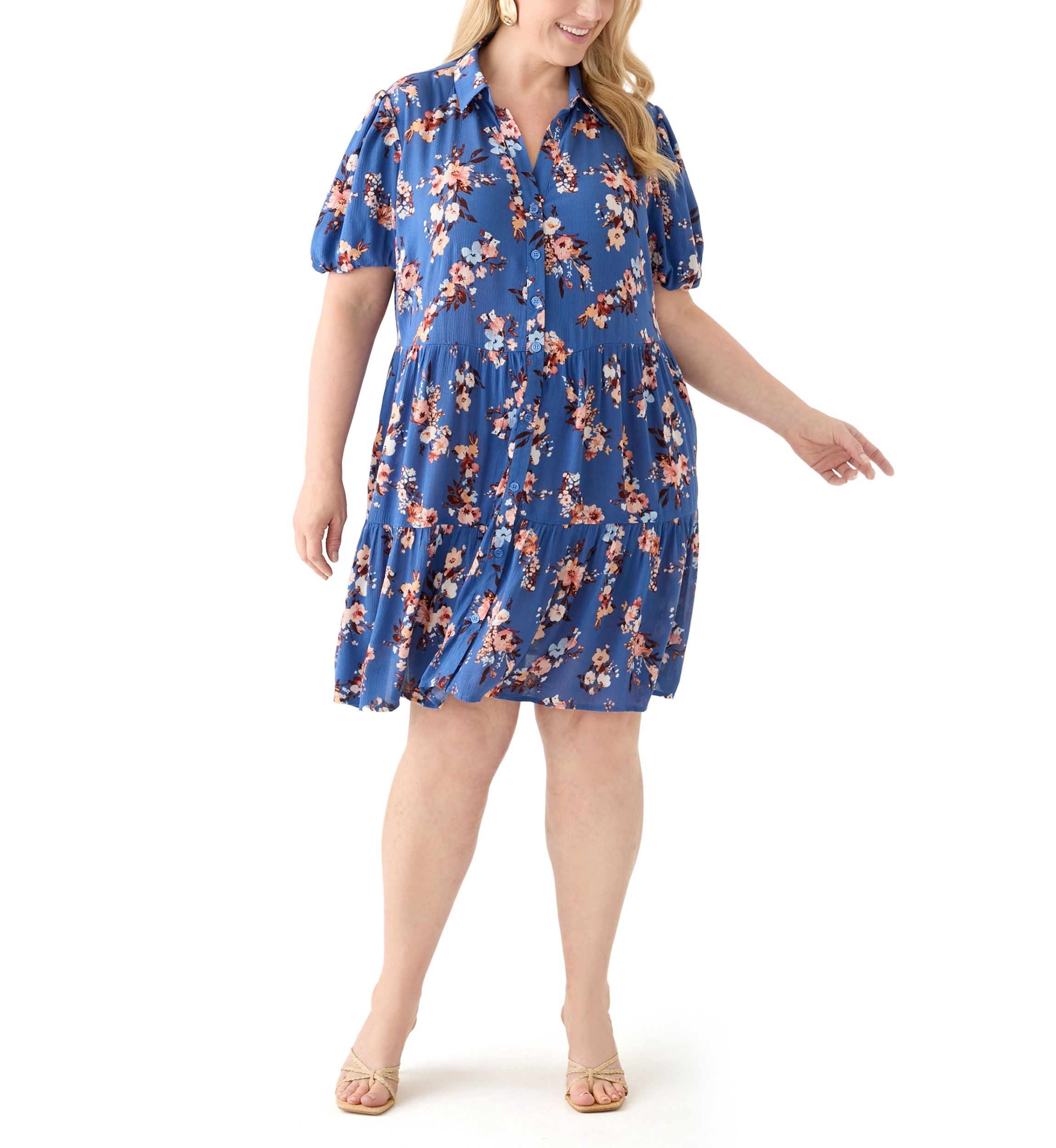   Plus Size Short Blouson Sleeve Printed Shirt Dress 