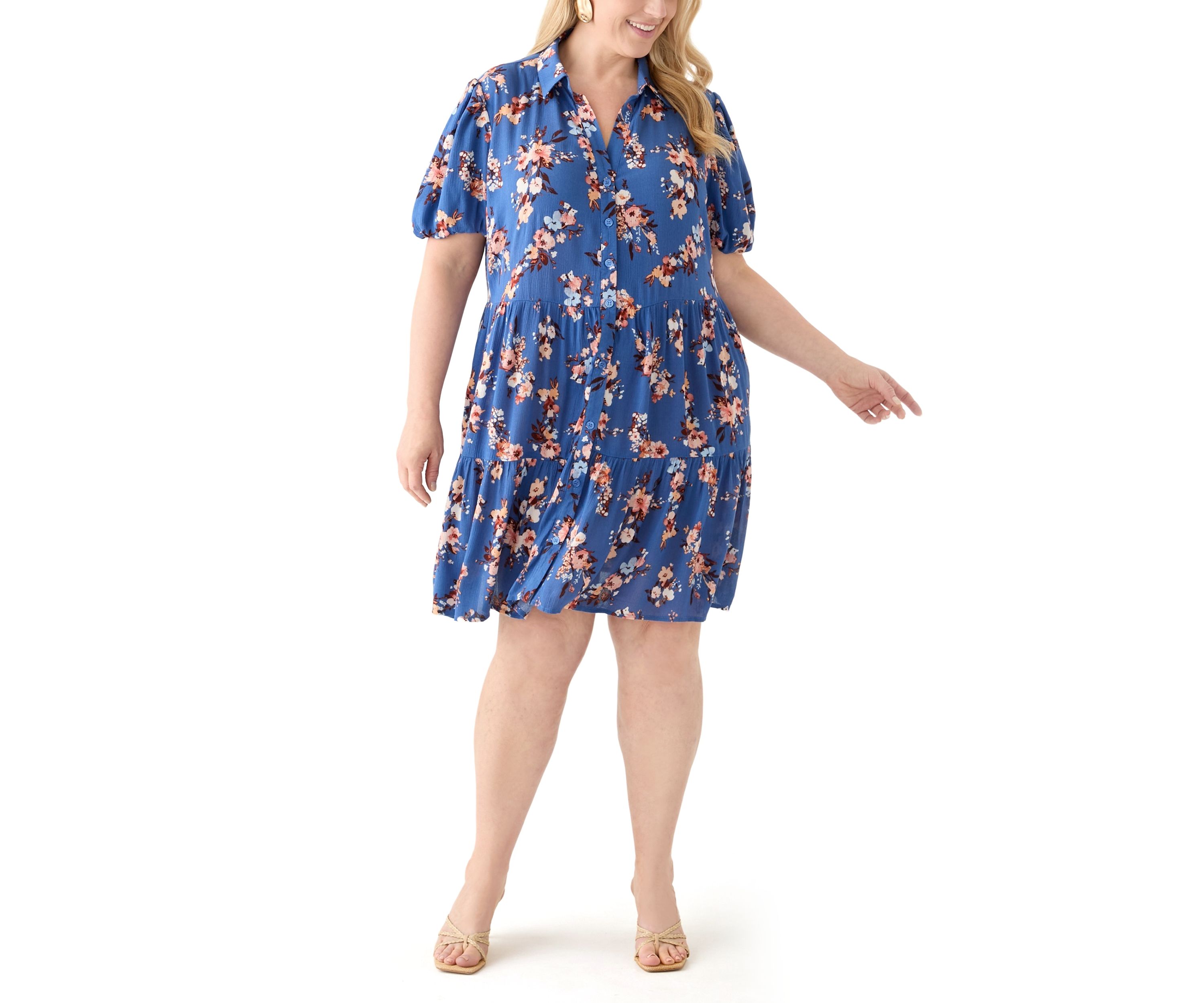   Plus Size Short Blouson Sleeve Printed Shirt Dress 