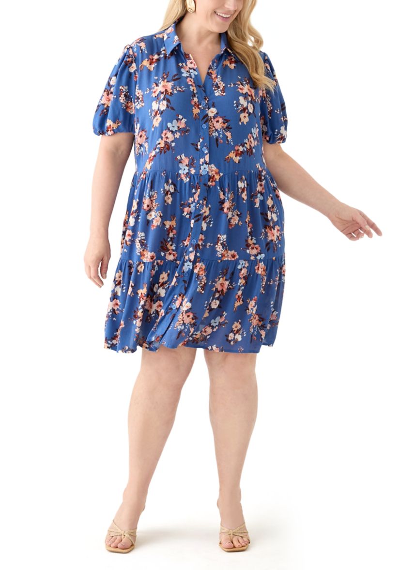   Plus Size Short Blouson Sleeve Printed Shirt Dress 
