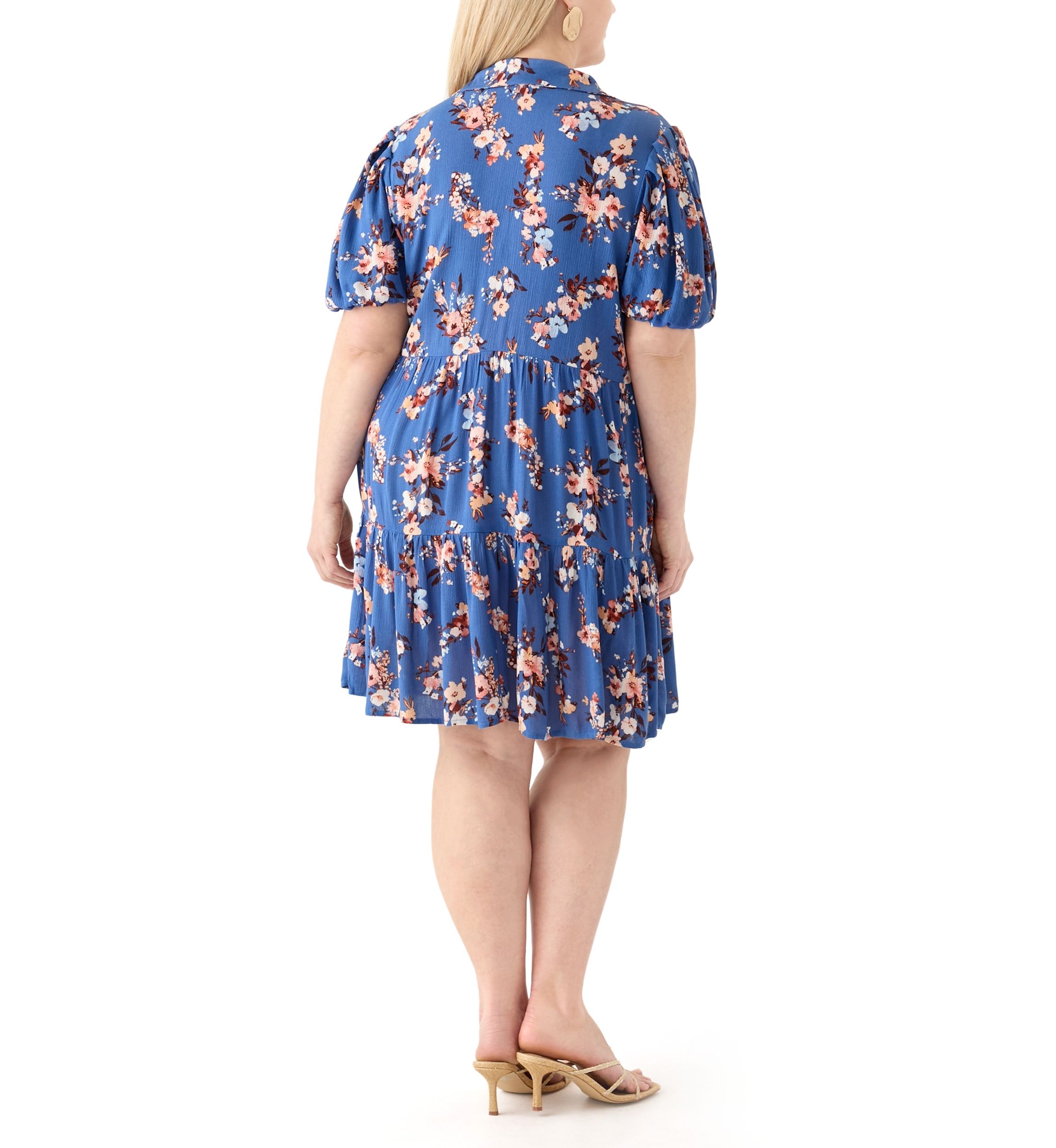   Plus Size Short Blouson Sleeve Printed Shirt Dress 
