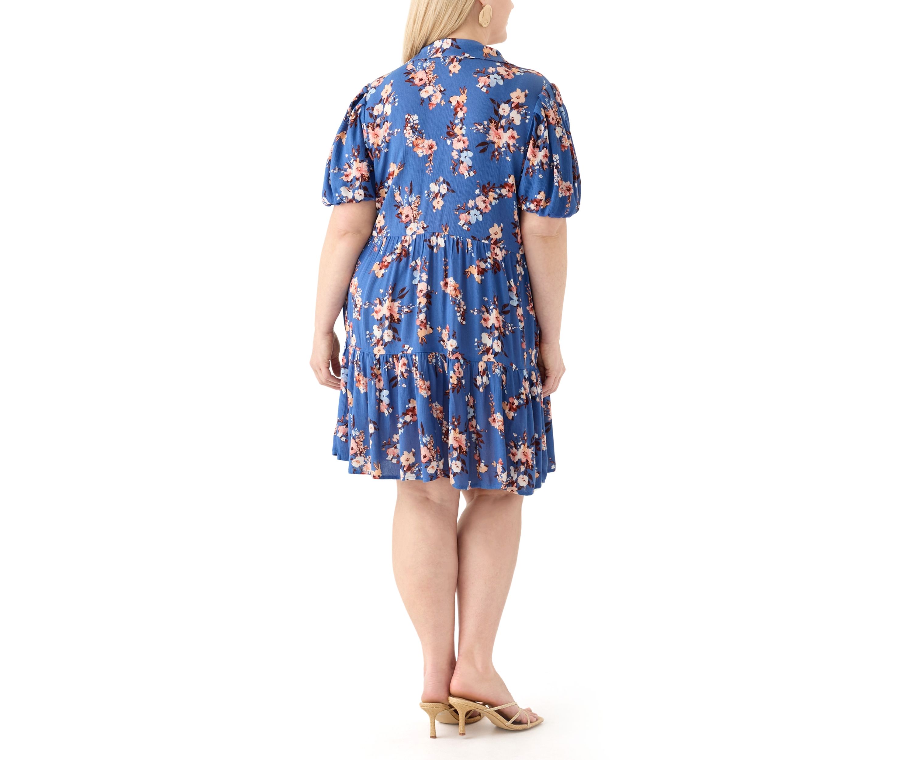   Plus Size Short Blouson Sleeve Printed Shirt Dress 