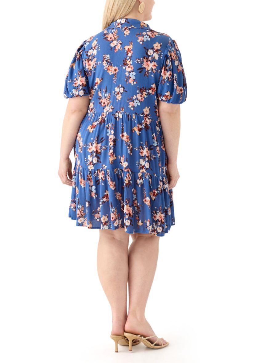   Plus Size Short Blouson Sleeve Printed Shirt Dress 