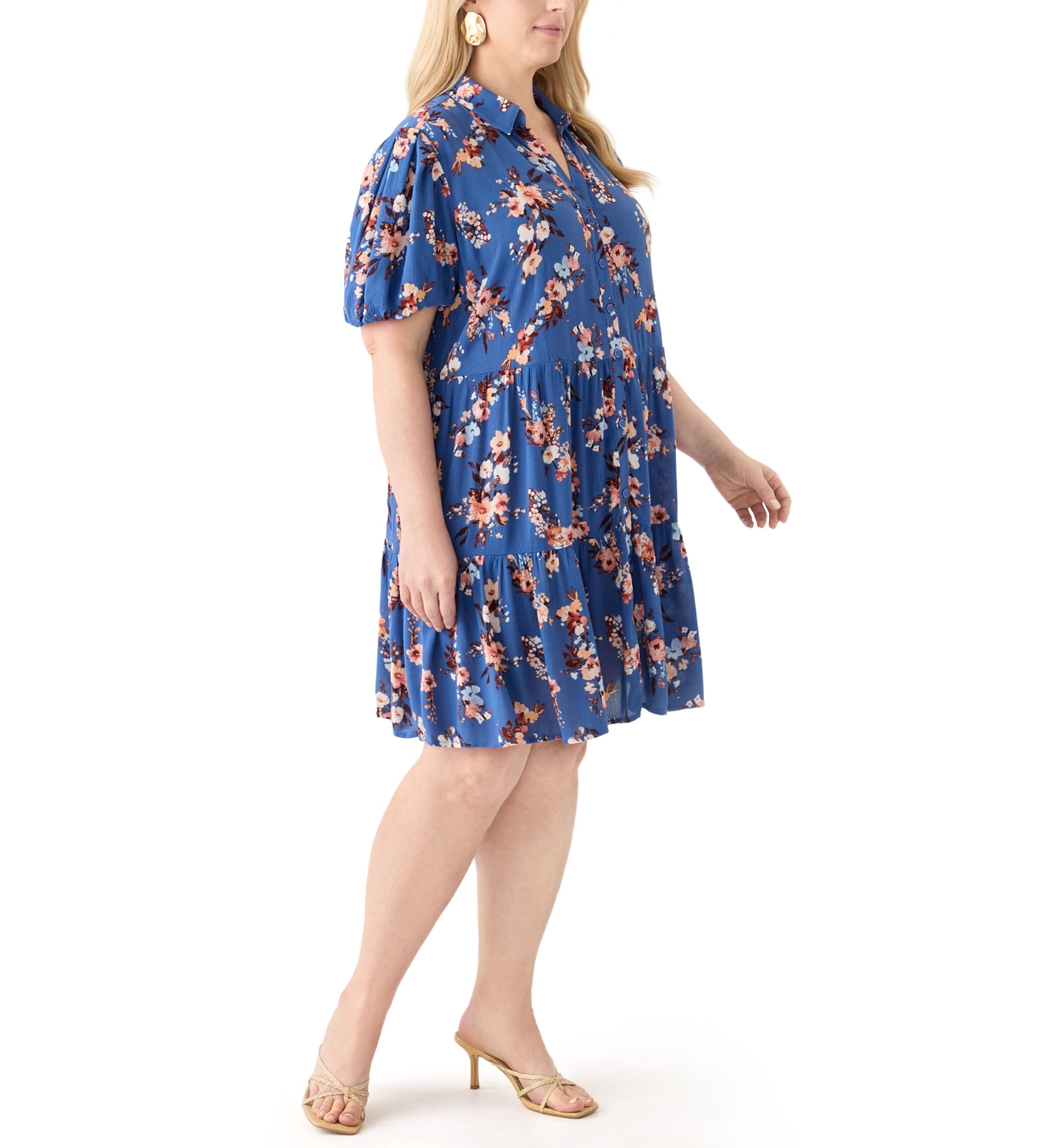   Plus Size Short Blouson Sleeve Printed Shirt Dress 