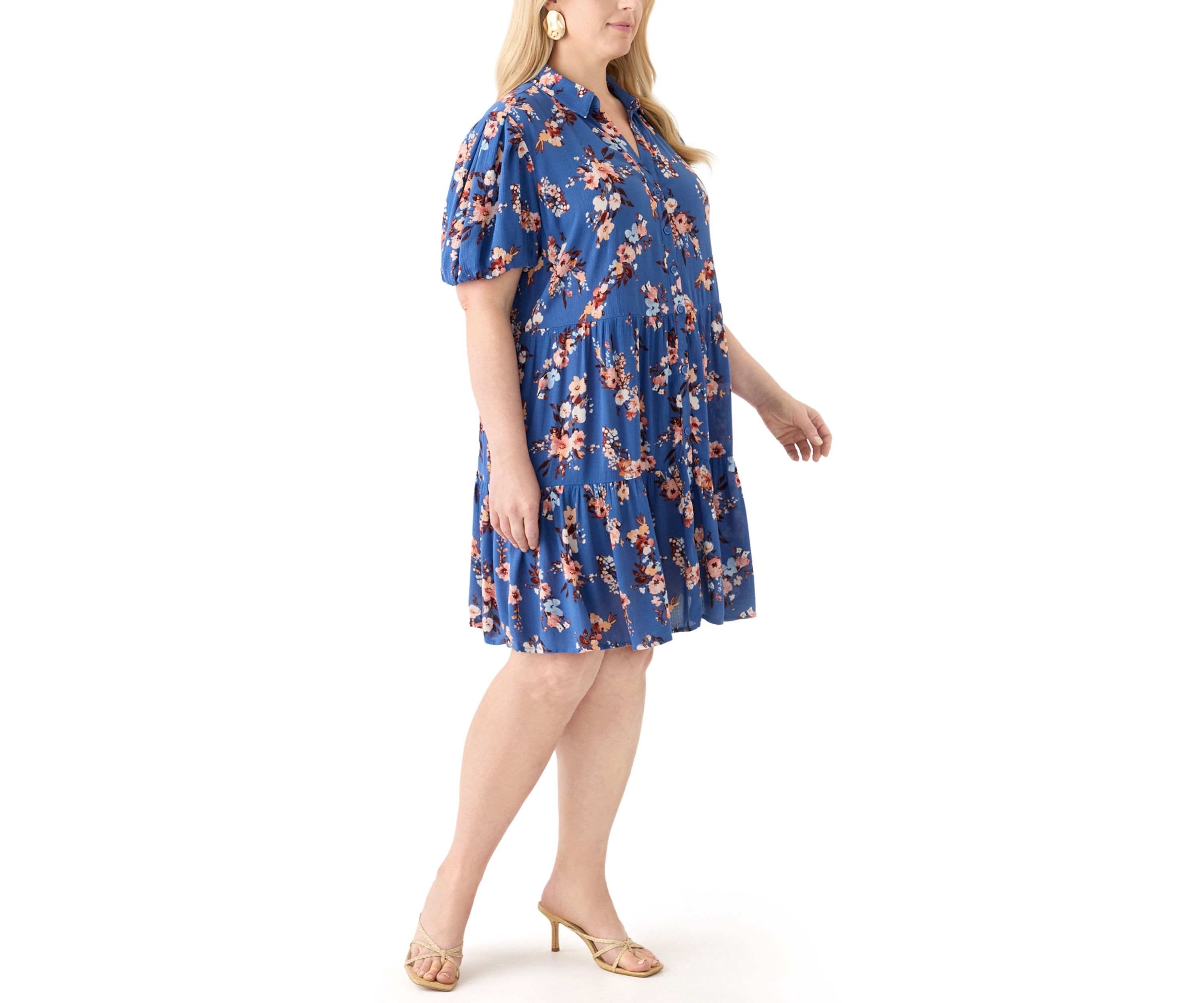   Plus Size Short Blouson Sleeve Printed Shirt Dress 
