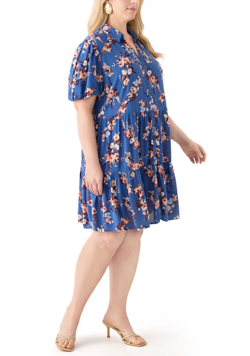   Plus Size Short Blouson Sleeve Printed Shirt Dress 