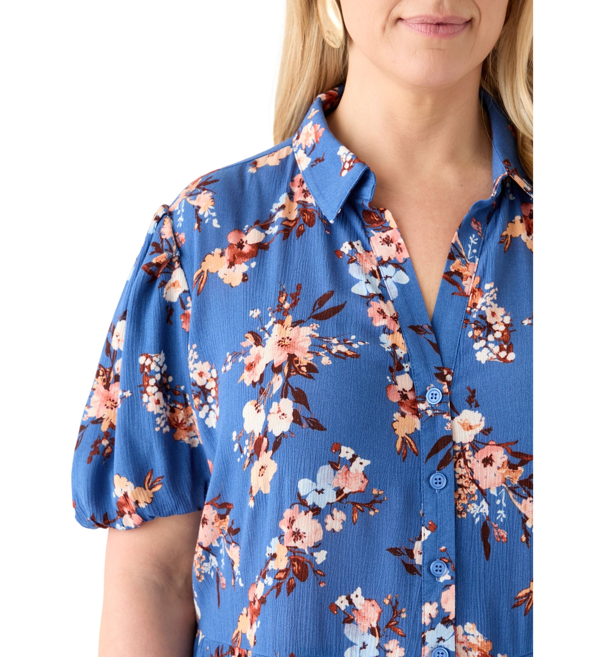   Plus Size Short Blouson Sleeve Printed Shirt Dress 