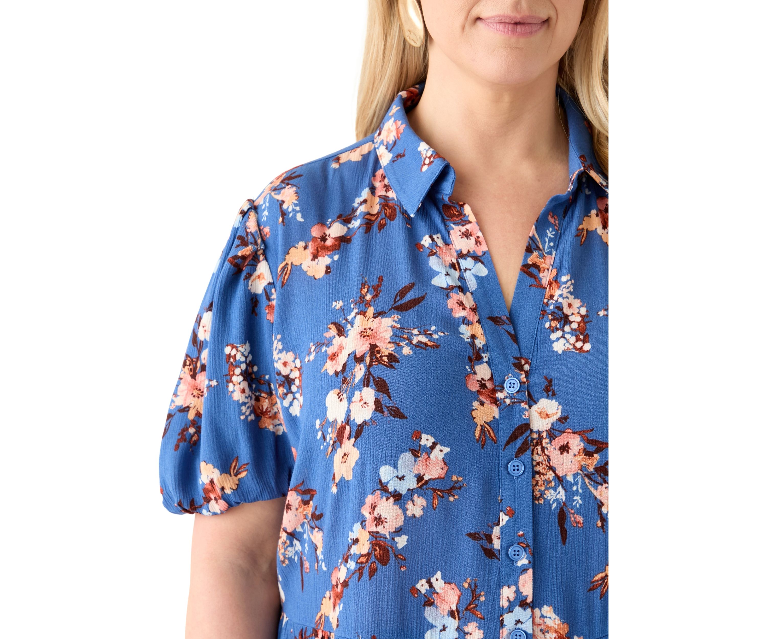   Plus Size Short Blouson Sleeve Printed Shirt Dress 