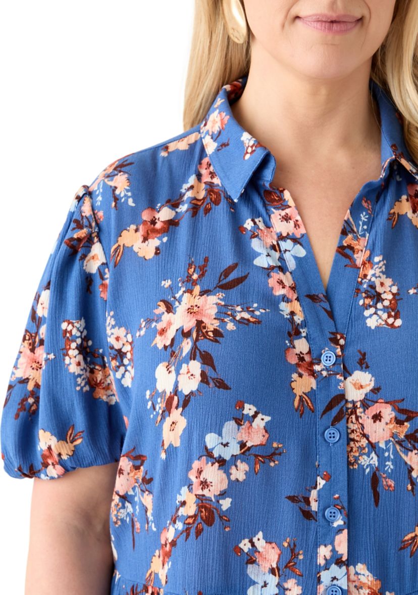   Plus Size Short Blouson Sleeve Printed Shirt Dress 