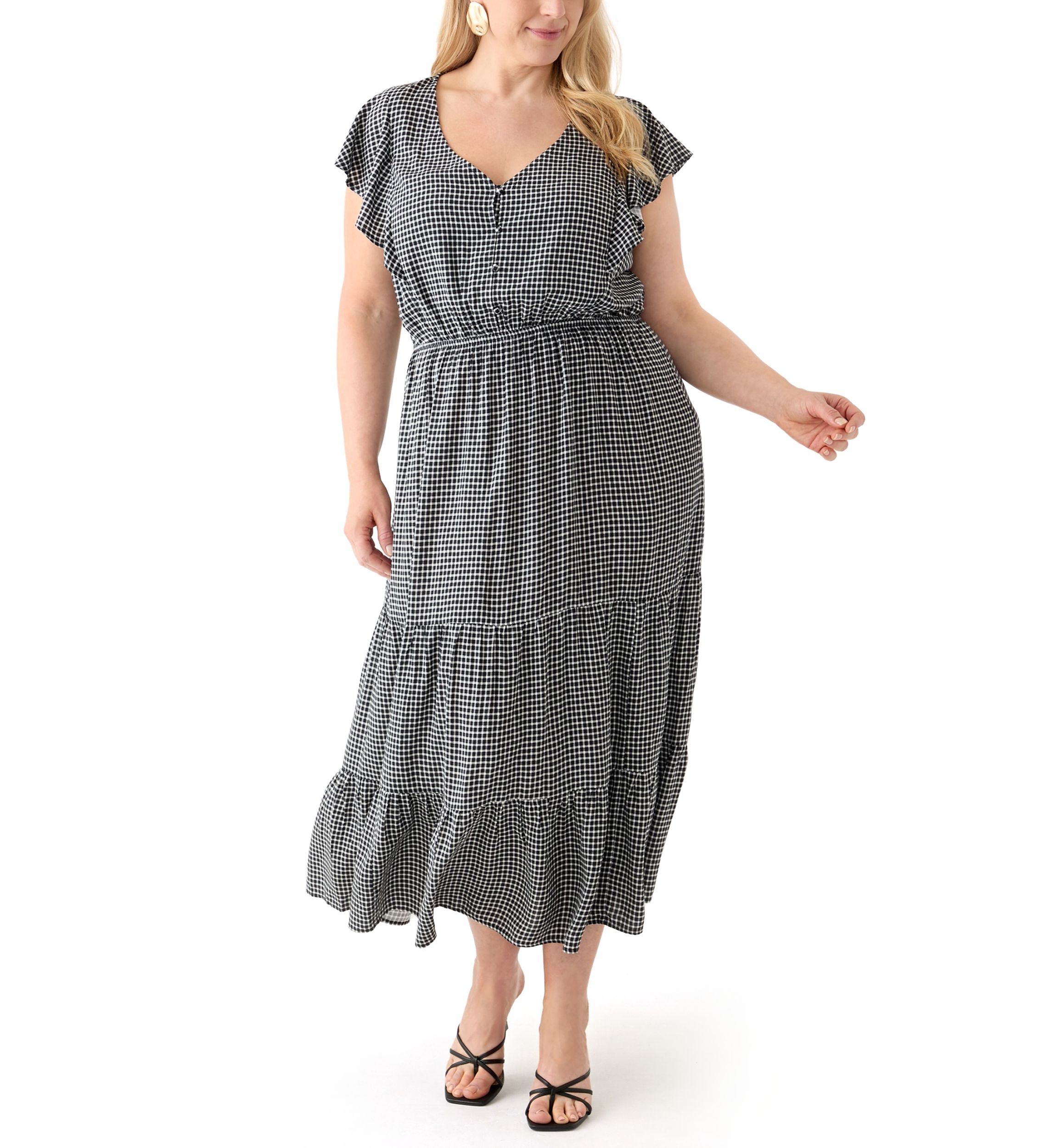 Plus Size Flutter Sleeve Printed Midi Dress