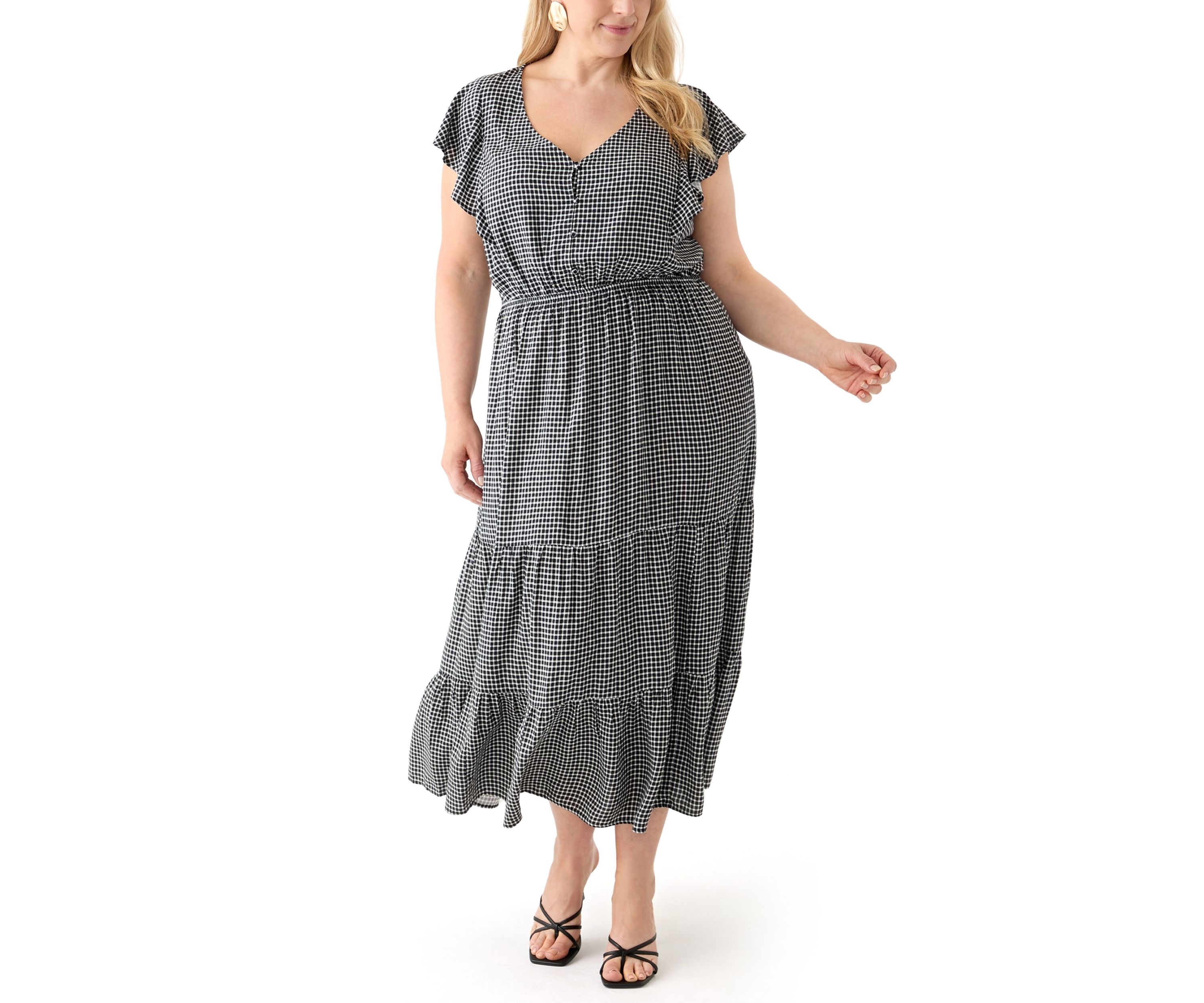 Plus Size Flutter Sleeve Printed Midi Dress