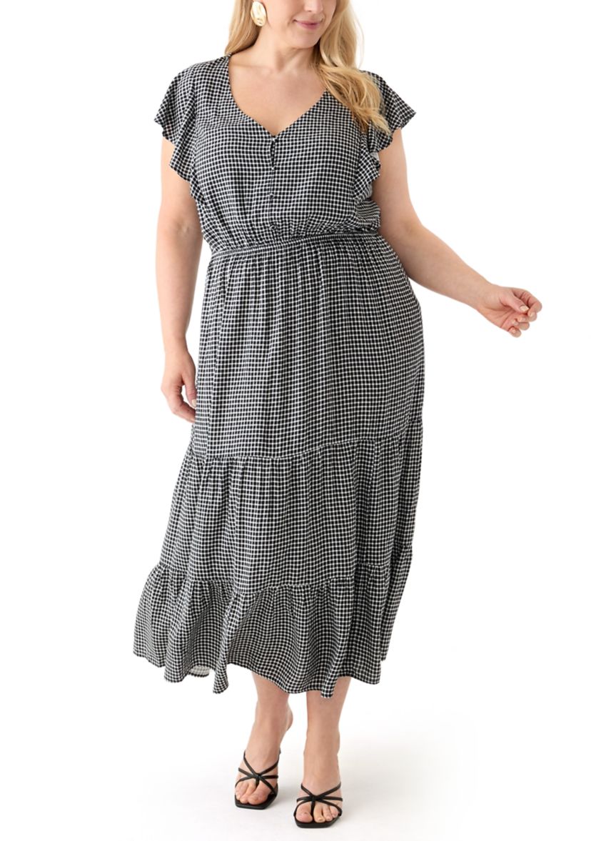 Plus Size Flutter Sleeve Printed Midi Dress