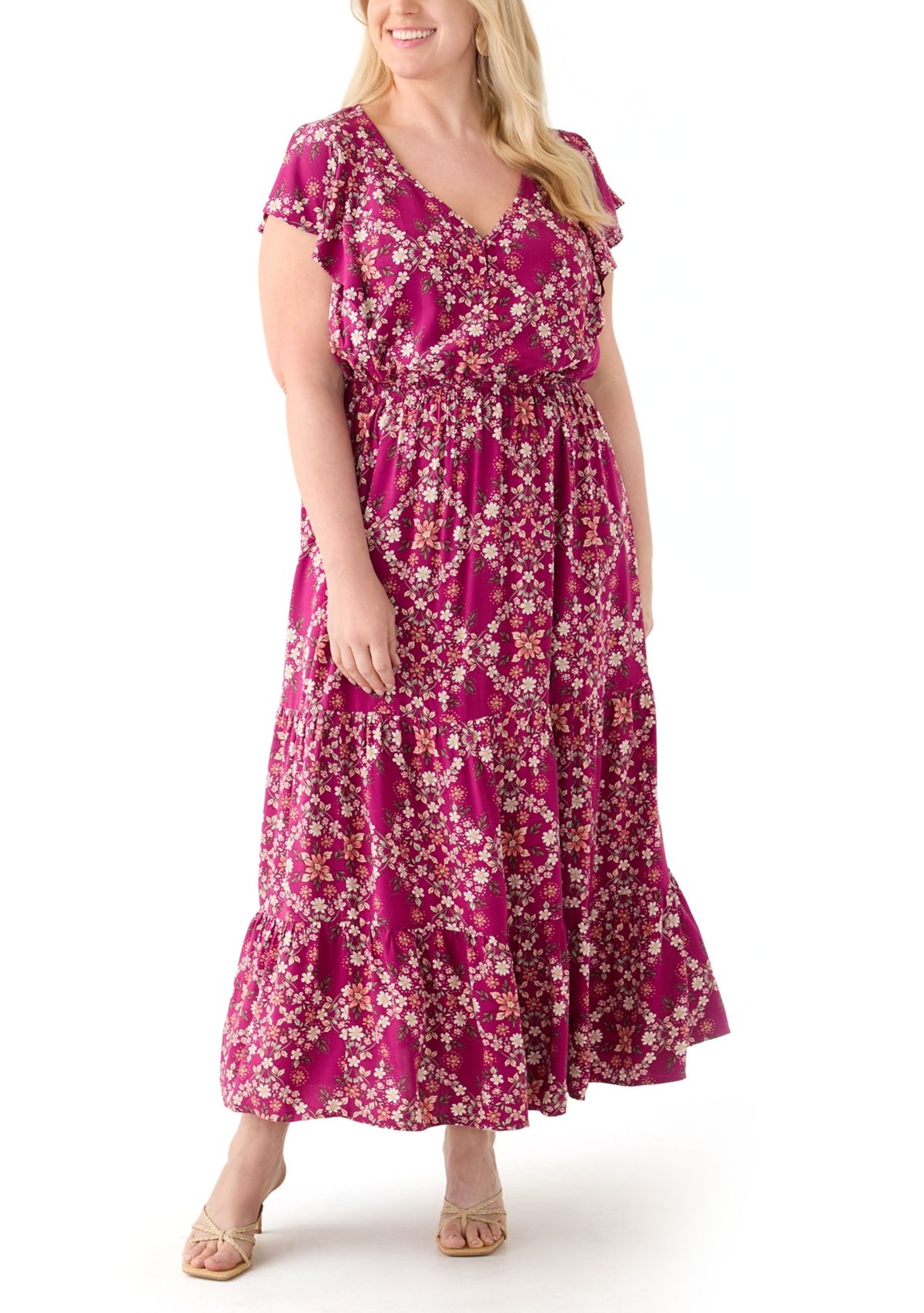   Plus Size Flutter Sleeve Printed Midi Dress 