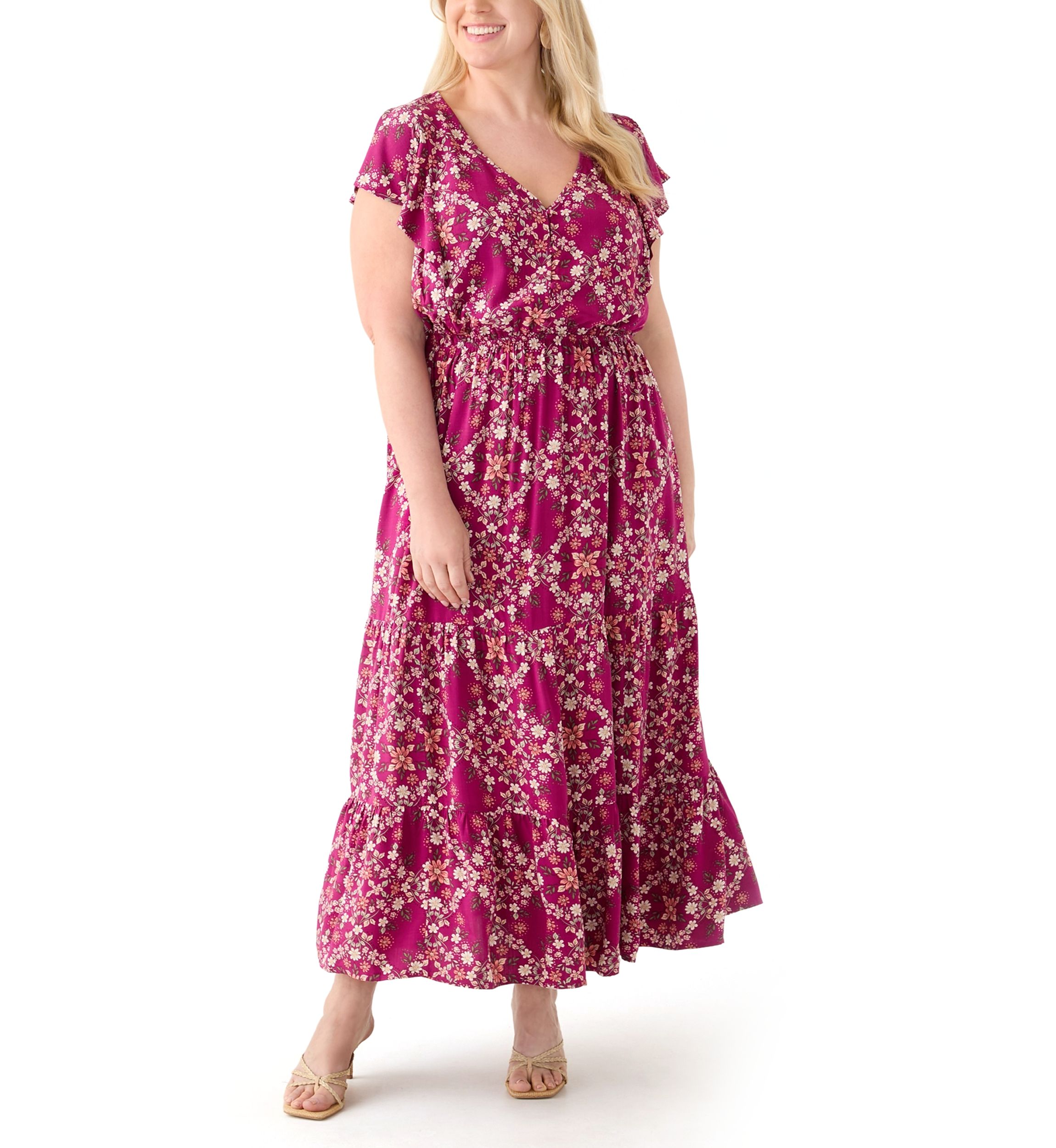   Plus Size Flutter Sleeve Printed Midi Dress 
