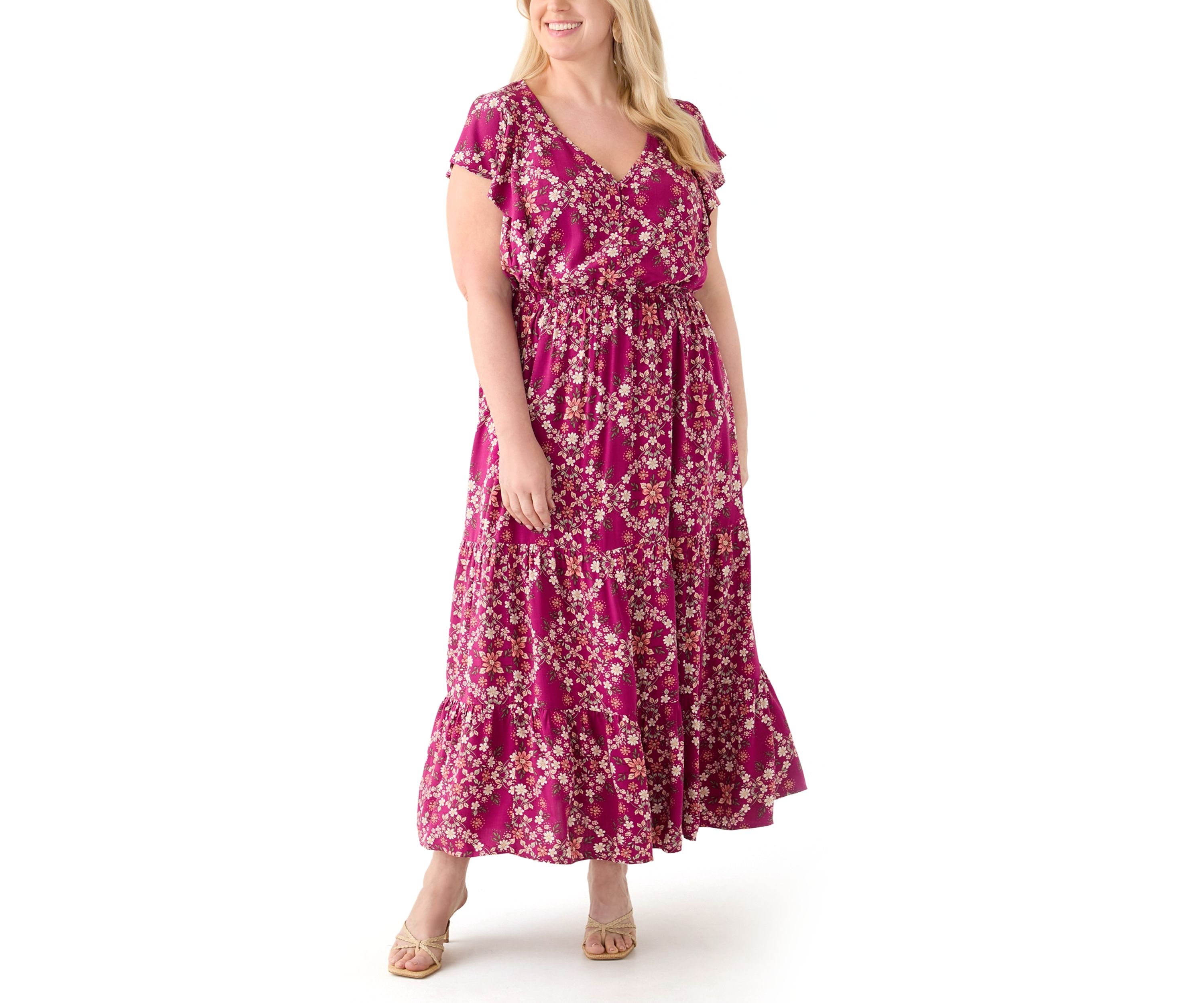   Plus Size Flutter Sleeve Printed Midi Dress 