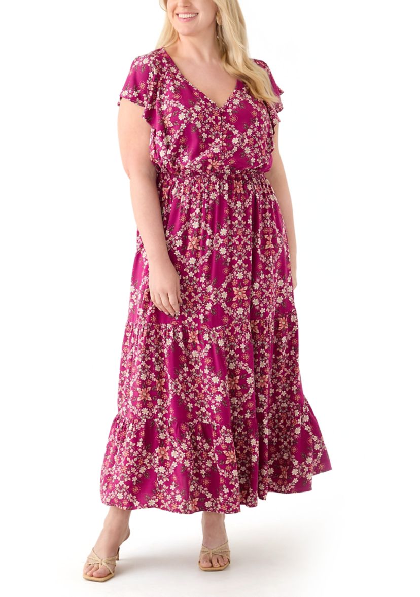   Plus Size Flutter Sleeve Printed Midi Dress 