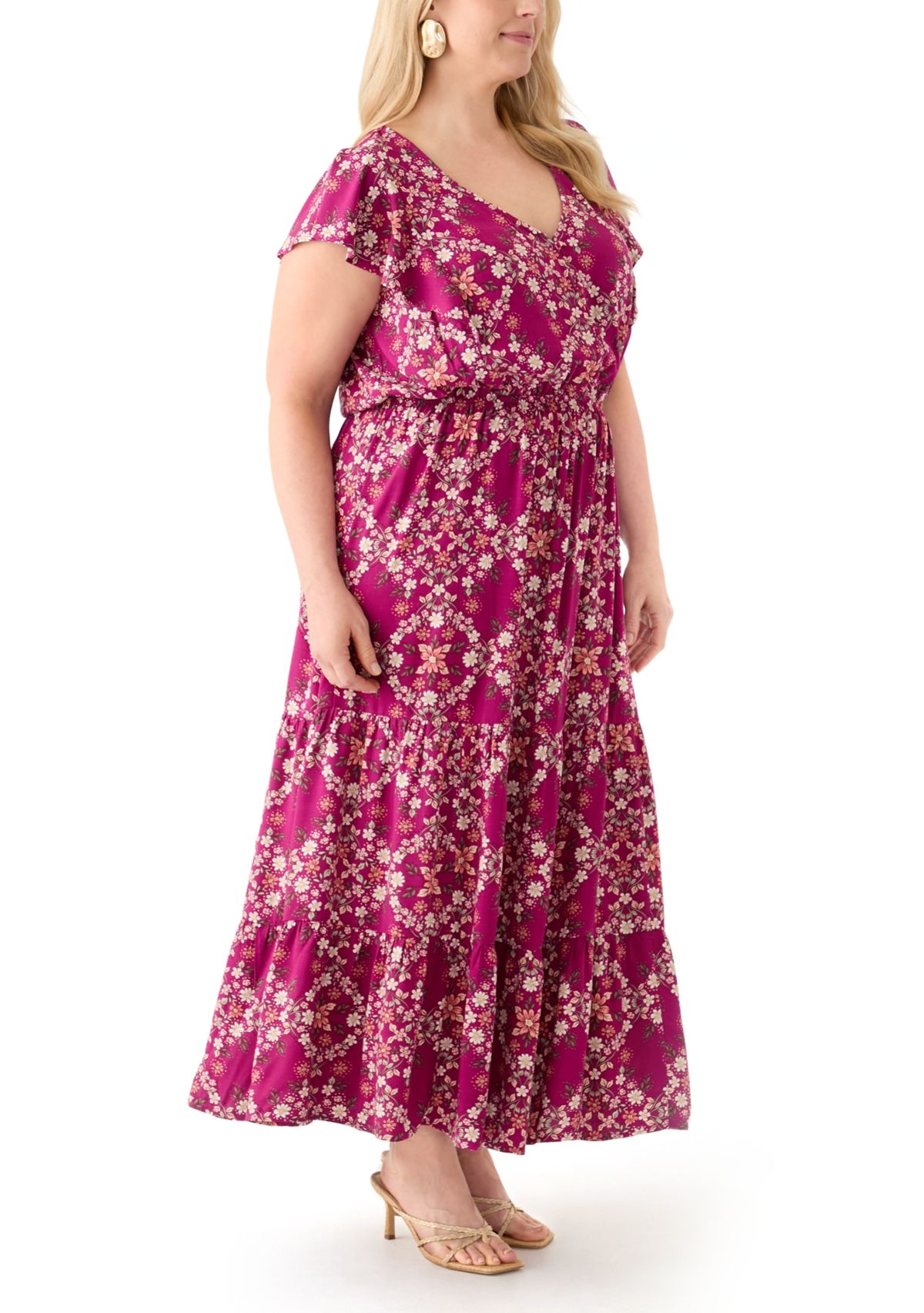   Plus Size Flutter Sleeve Printed Midi Dress 
