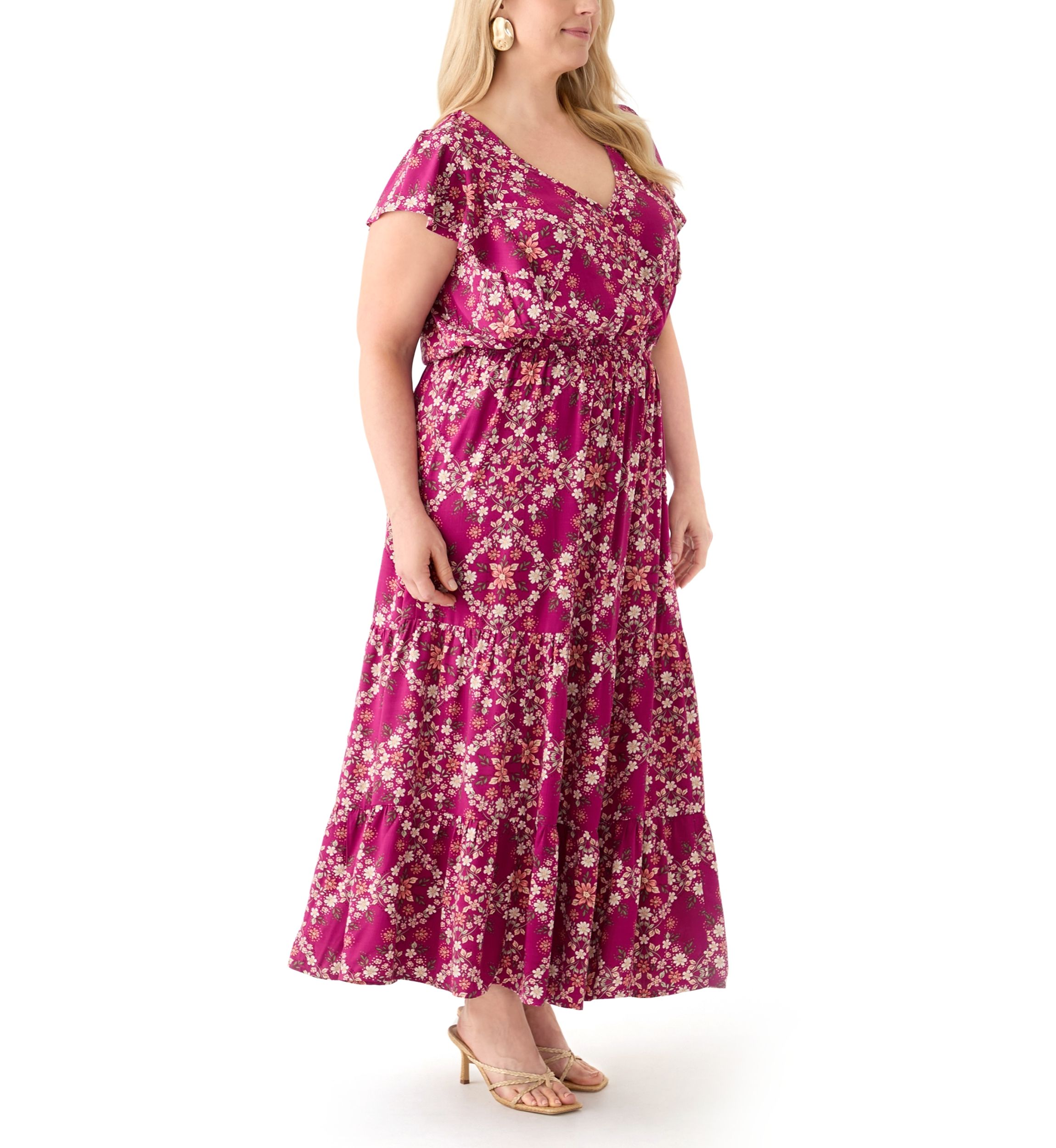   Plus Size Flutter Sleeve Printed Midi Dress 