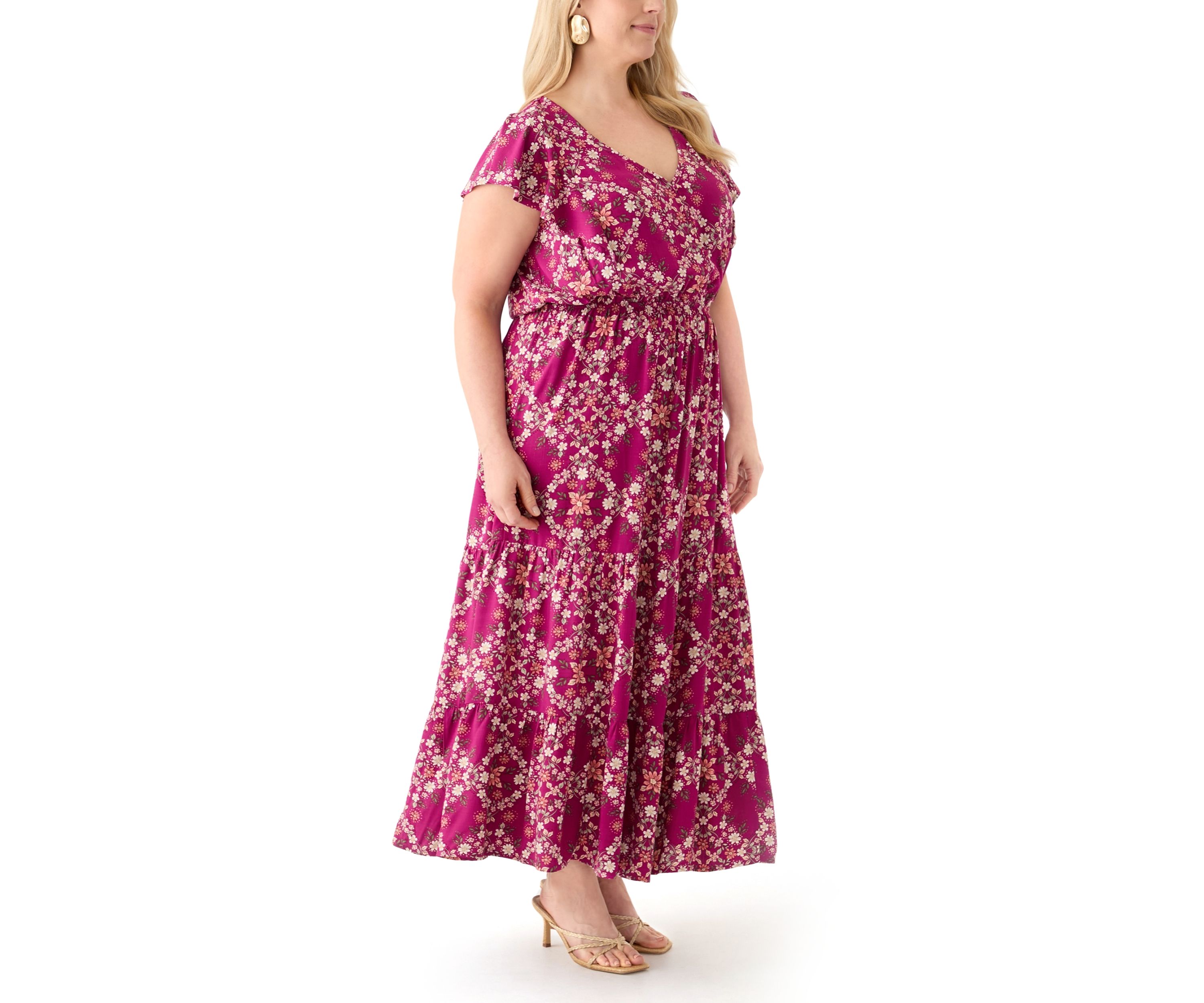   Plus Size Flutter Sleeve Printed Midi Dress 