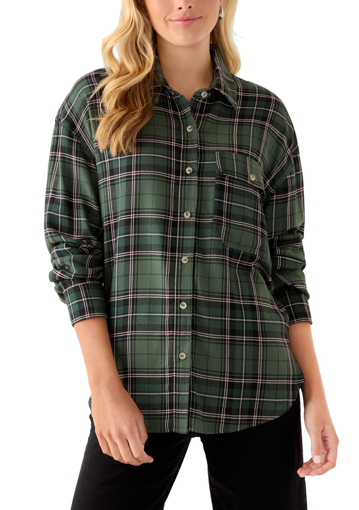 Womens Woven Button Down Shirt with Front Pocket