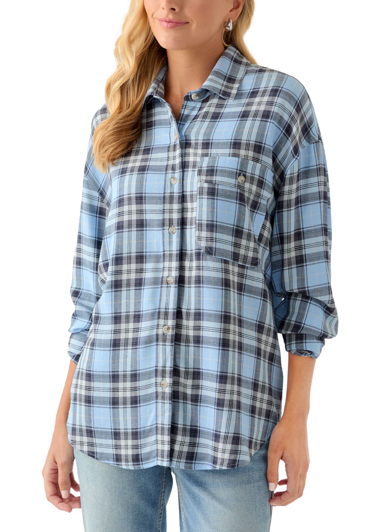 Womens Woven Button Down Shirt with Front Pockets