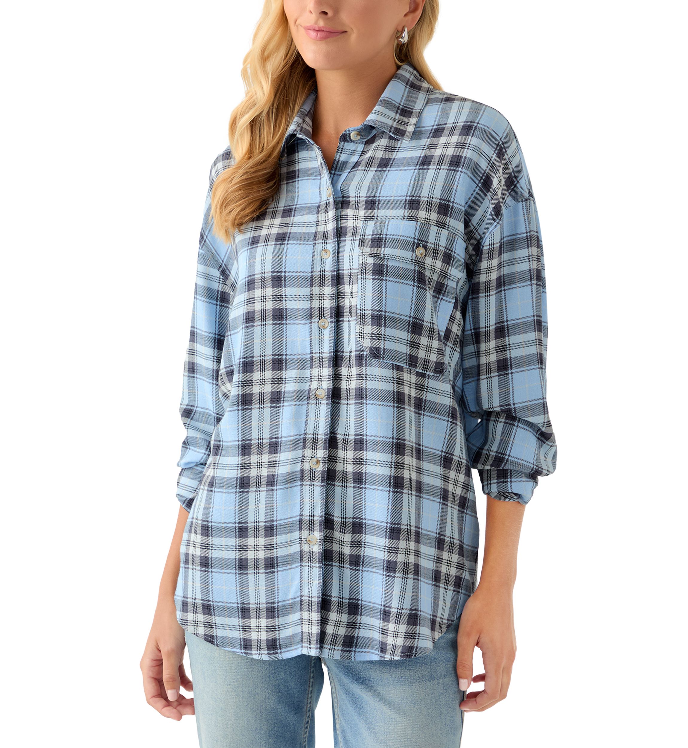 Womens Woven Button Down Shirt with Front Pockets