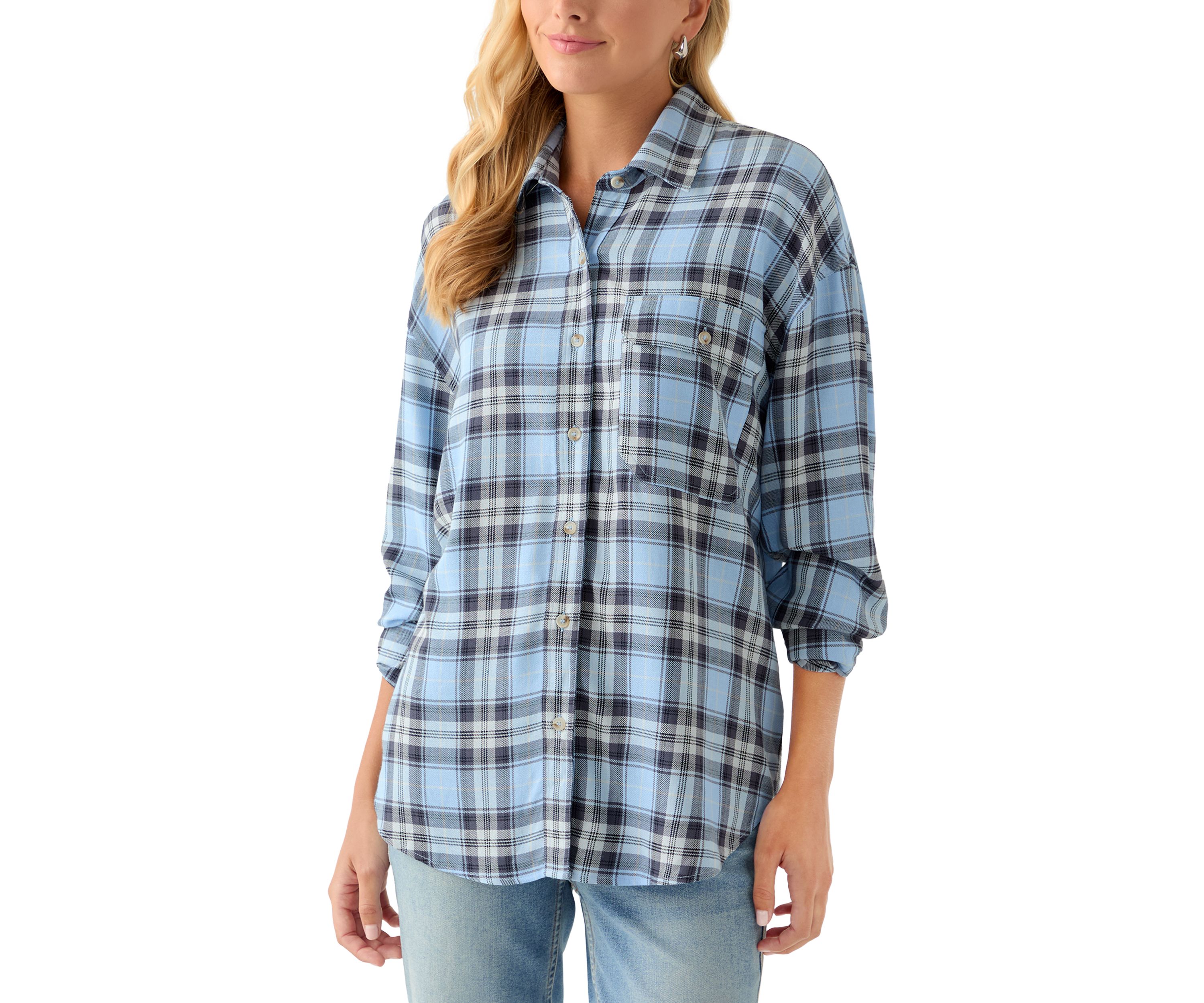 Womens Woven Button Down Shirt with Front Pockets