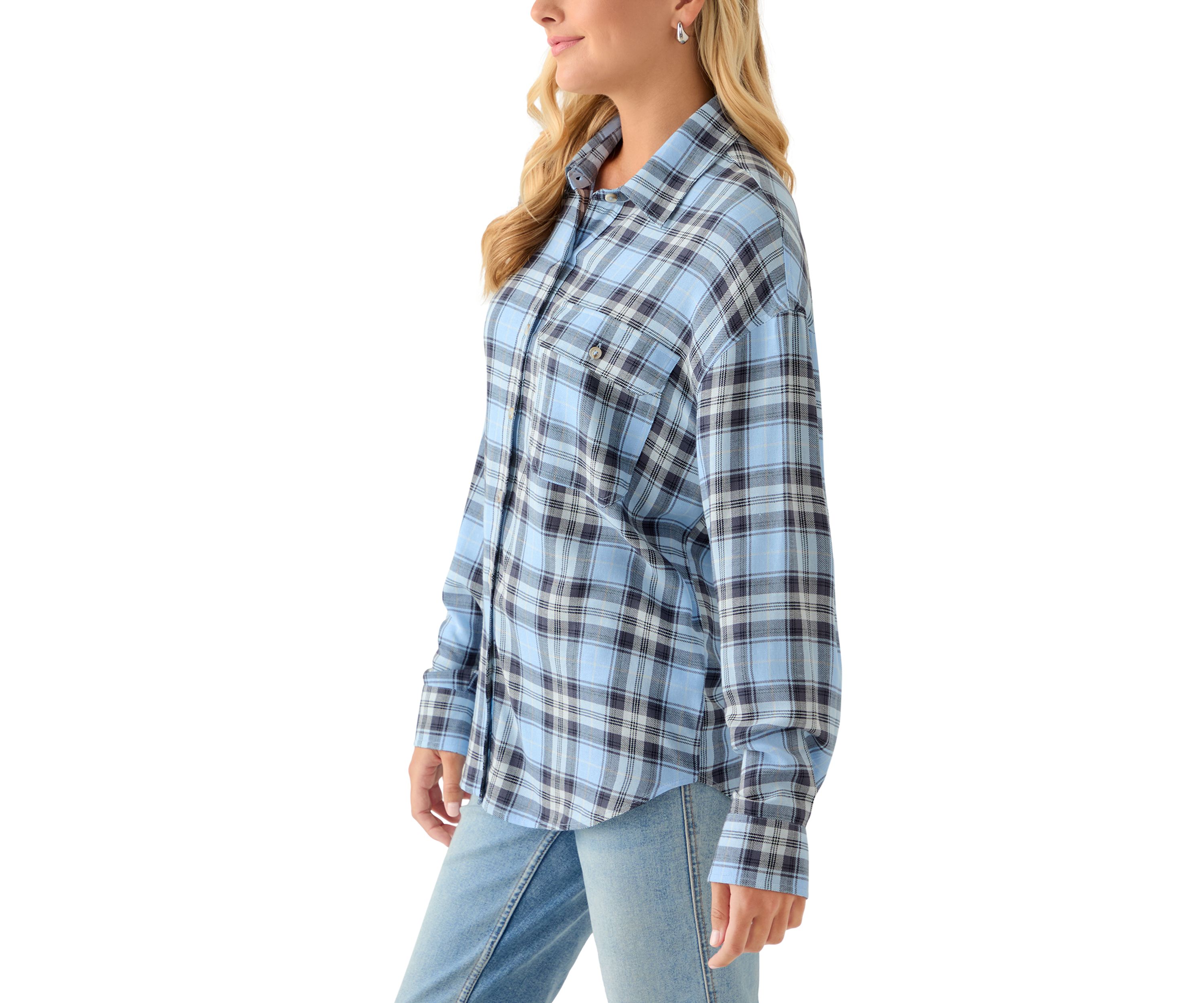 Womens Woven Button Down Shirt with Front Pockets
