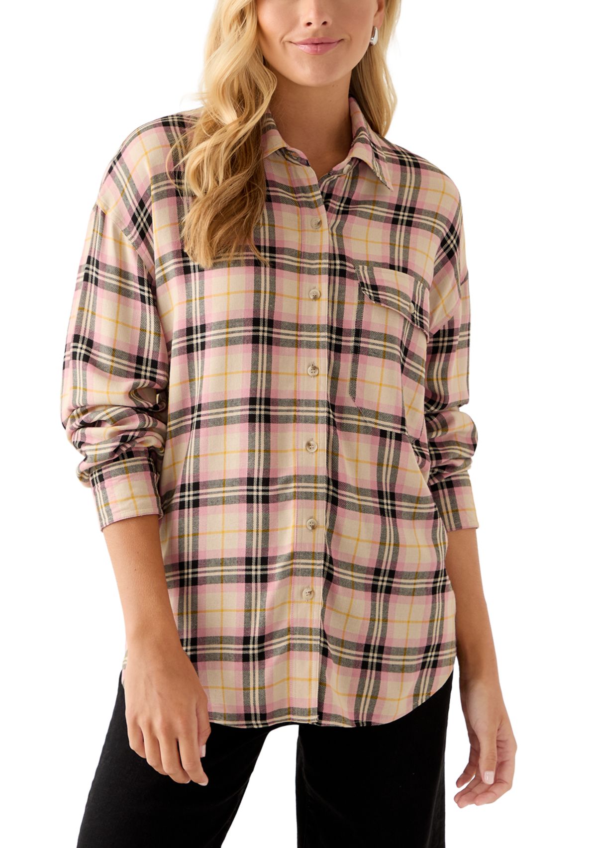 Womens Woven Button Down Shirt with Front Pocket