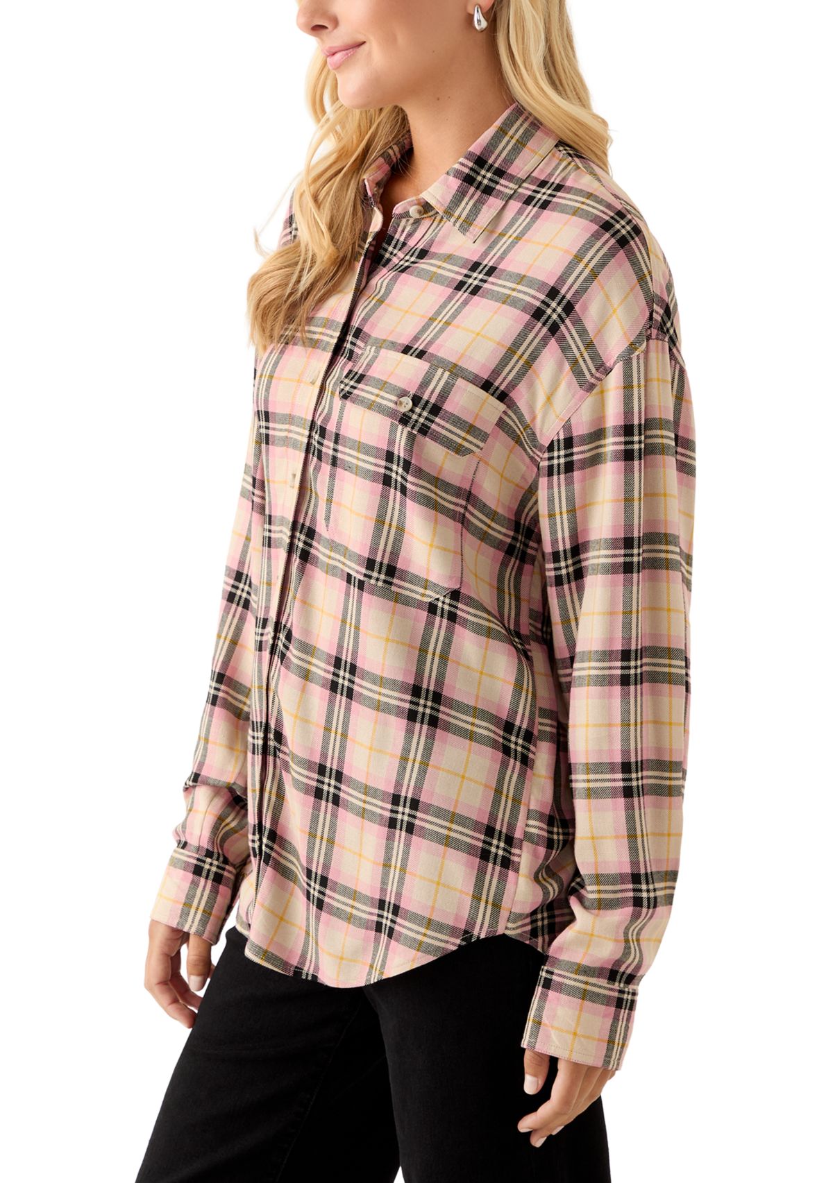 Womens Woven Button Down Shirt with Front Pocket
