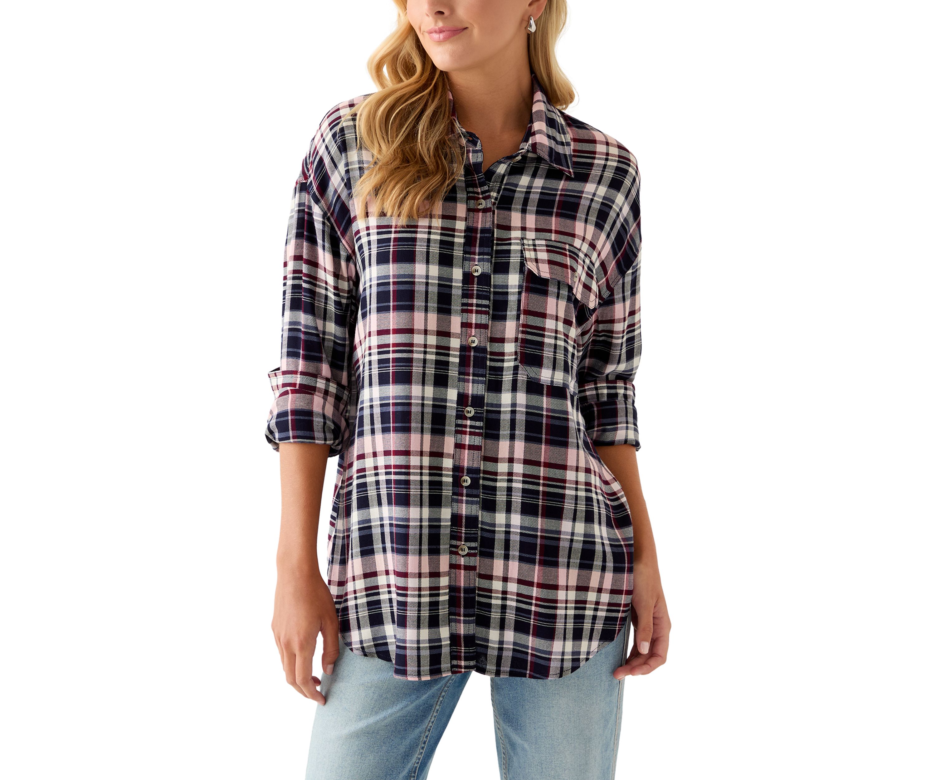 Womens Woven Button Down Shirt with Front Pockets