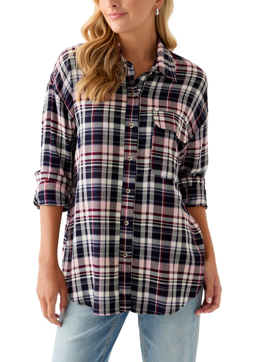 Womens Woven Button Down Shirt with Front Pockets