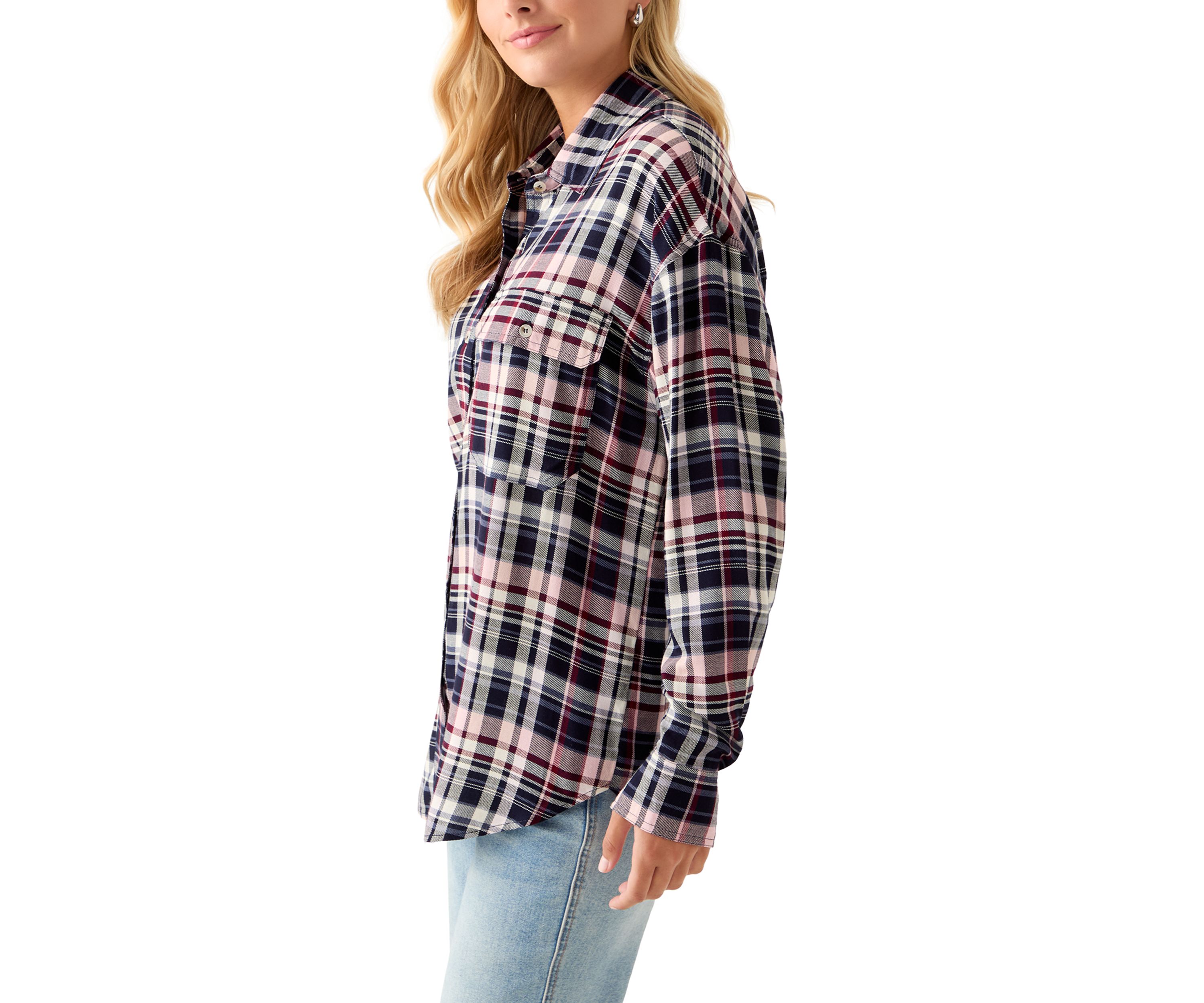 Womens Woven Button Down Shirt with Front Pockets
