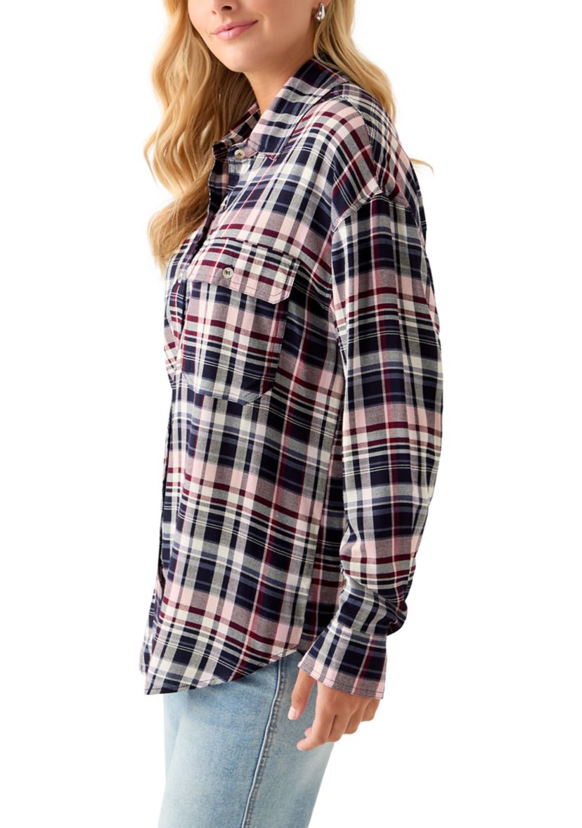 Womens Woven Button Down Shirt with Front Pockets
