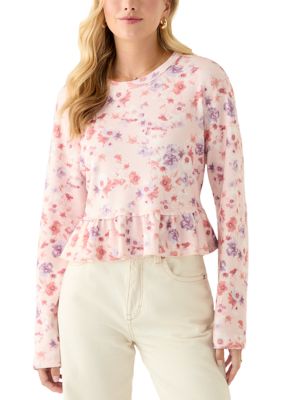 Oak & Trellis Women's Relaxed Crop Printed Long Sleeve Top, Pink, XL