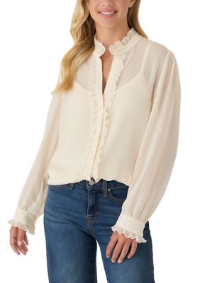 Oak & Trellis Women's Long Sleeve Ruffle Collar Button Up Peasant Blouse, White, Large