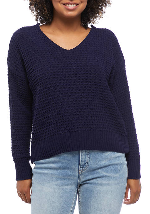 Juniors Dolman Sleeve Chenille Lace Up Back Sweater