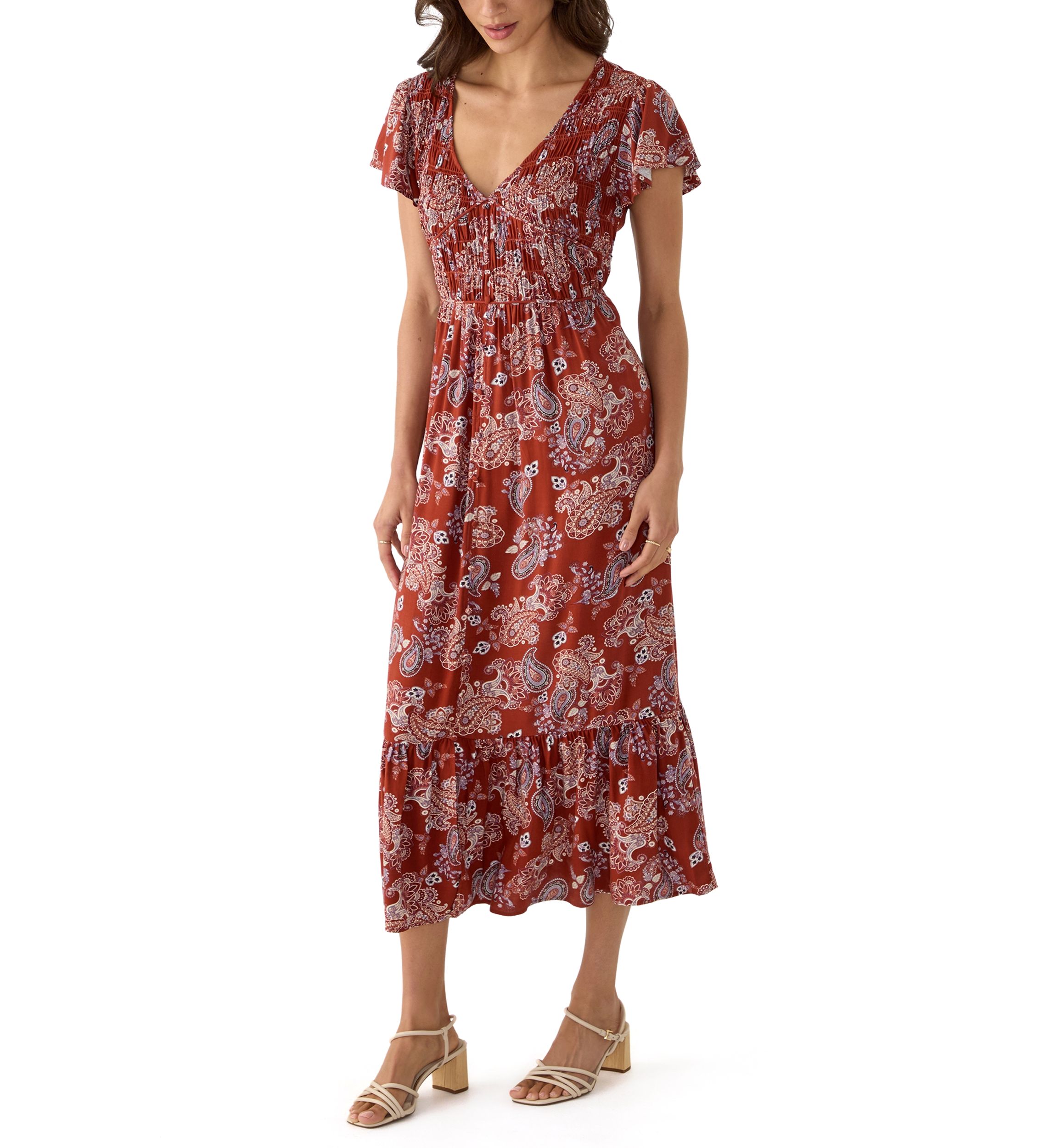 Womens Button Up Midi Dress with Smocking
