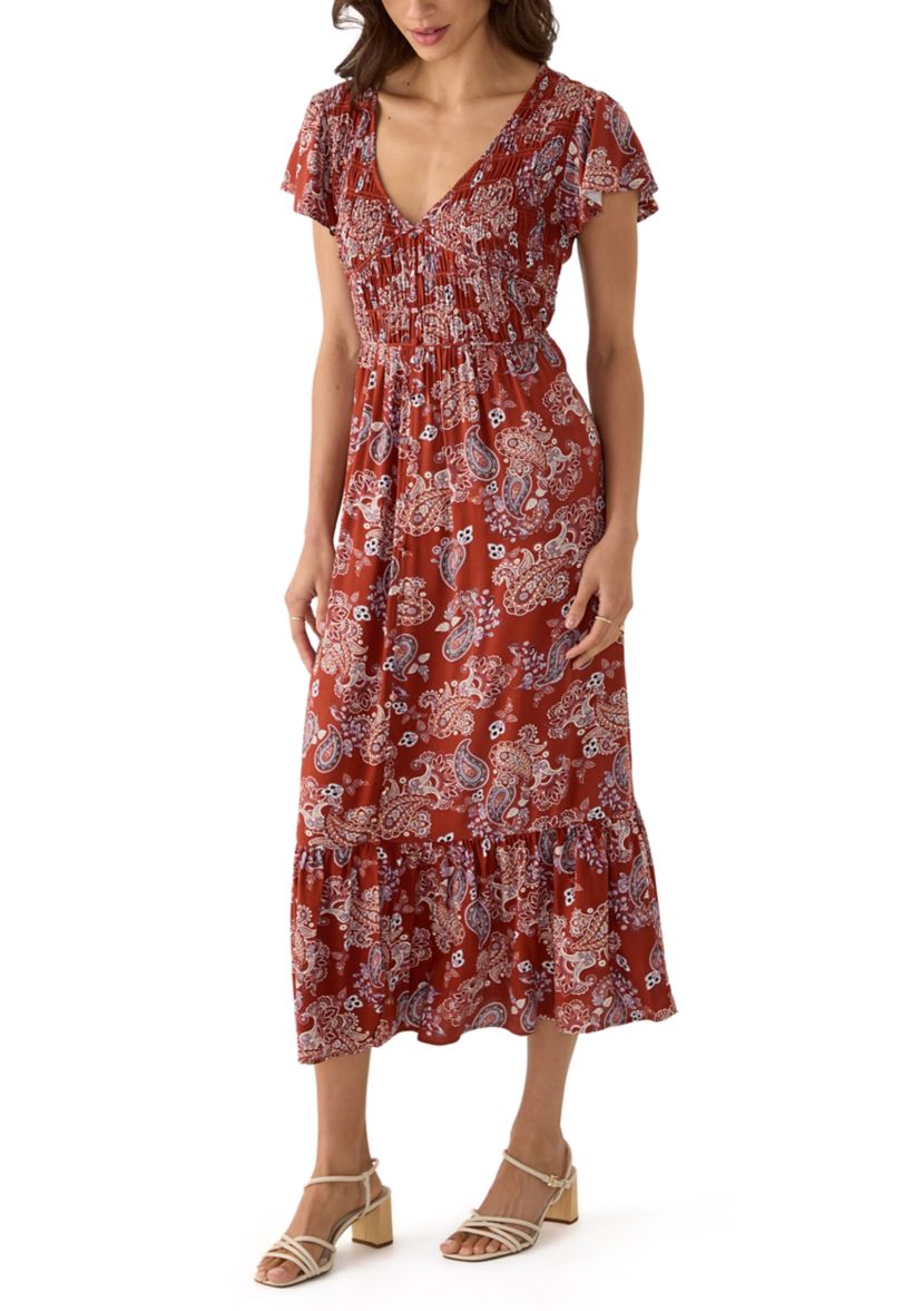 Womens Button Up Midi Dress with Smocking