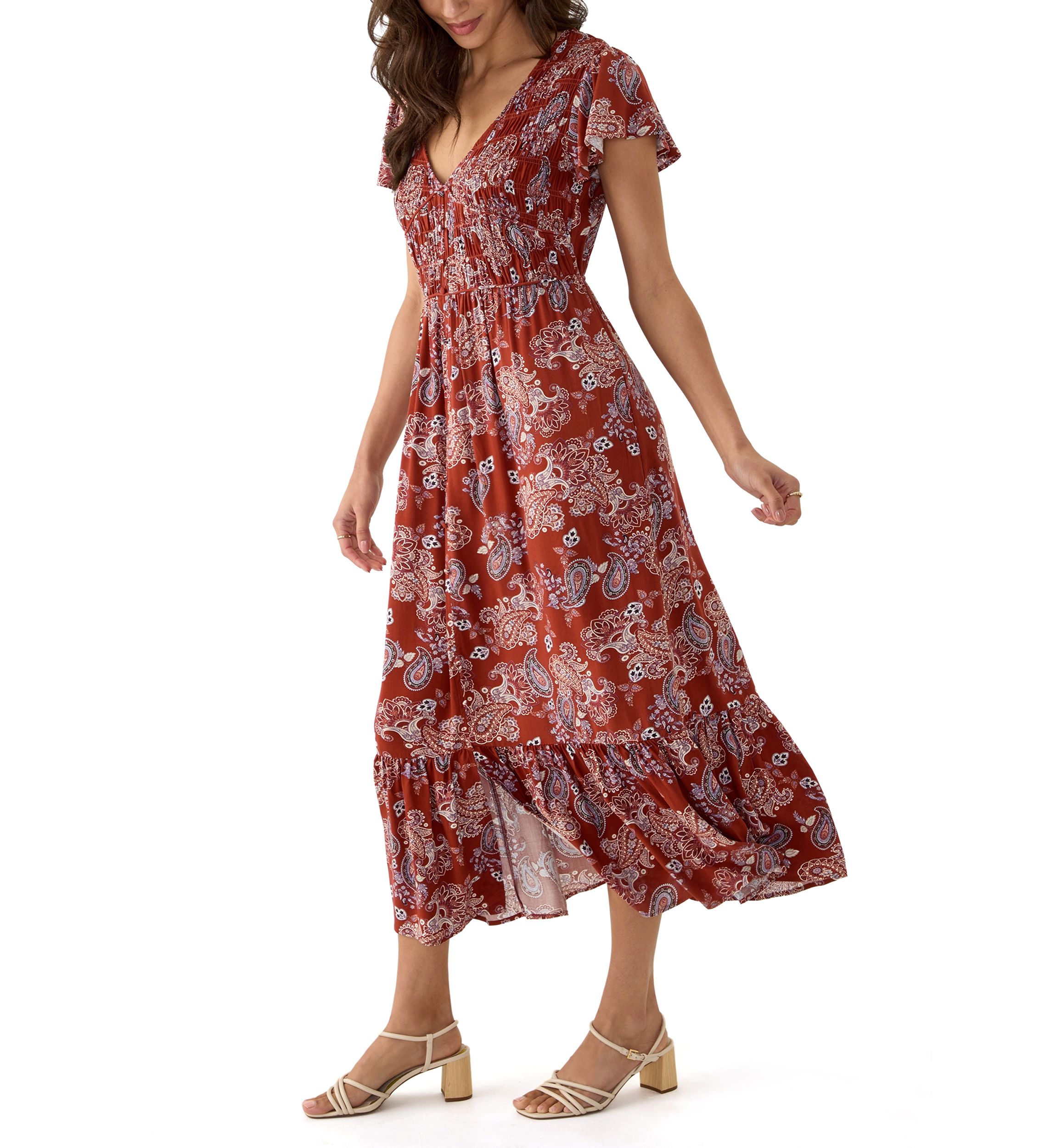 Womens Button Up Midi Dress with Smocking
