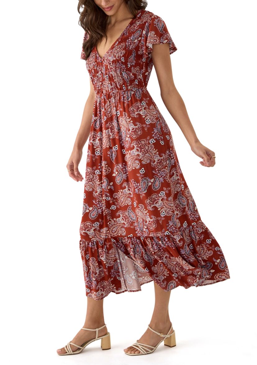 Womens Button Up Midi Dress with Smocking