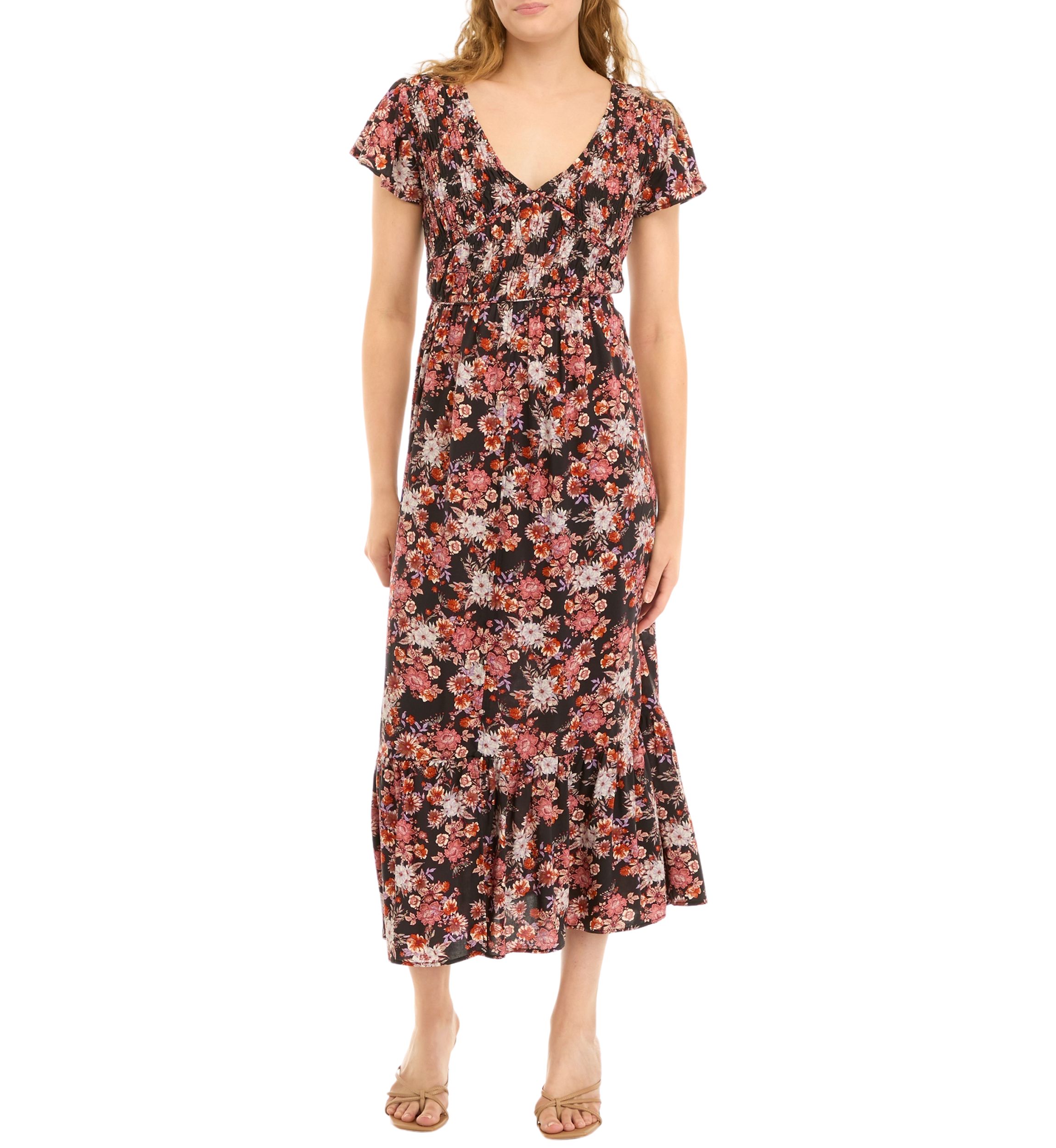 Womens Flutter Sleeve Floral Smocked Midi Dress