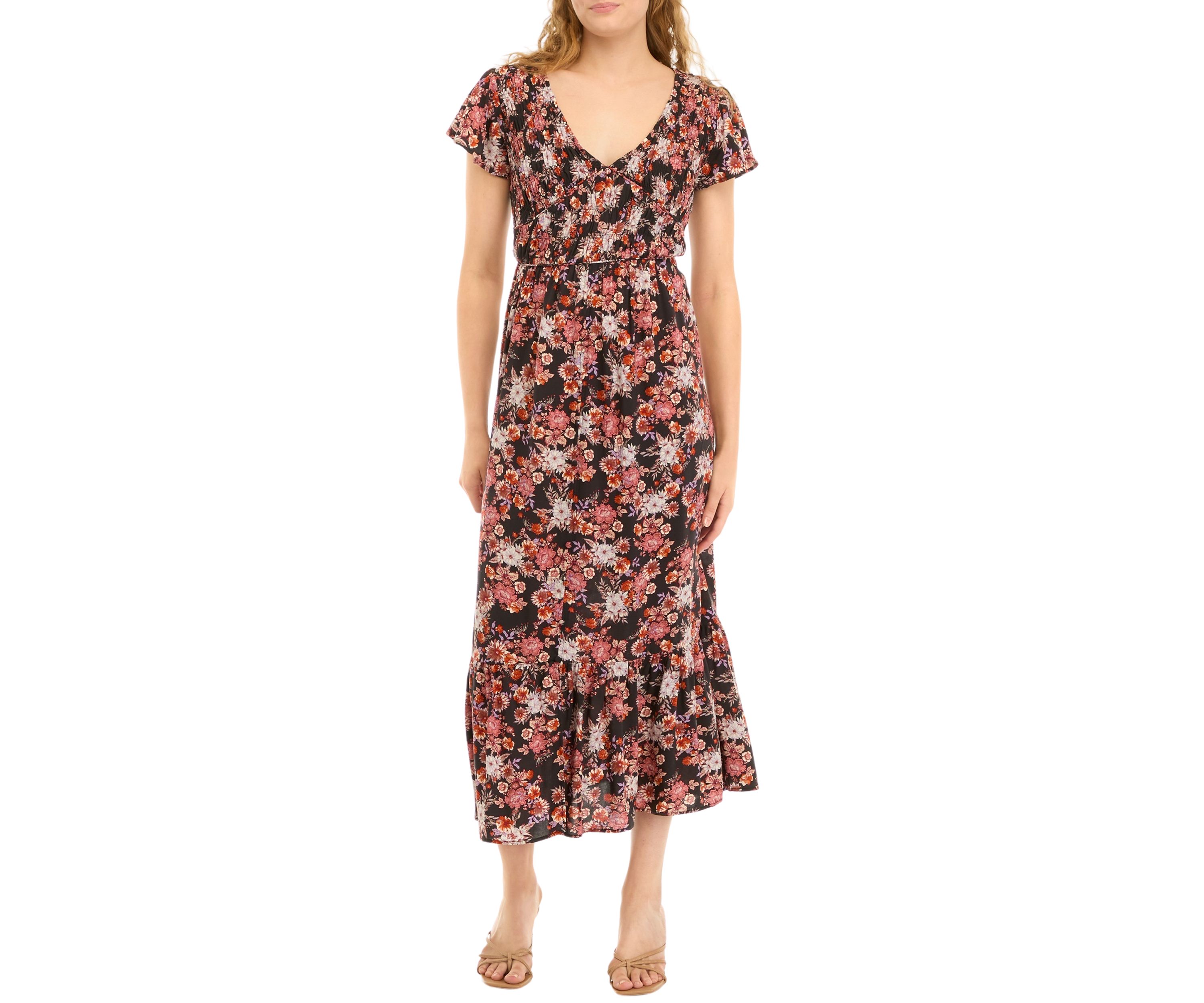 Womens Flutter Sleeve Floral Smocked Midi Dress