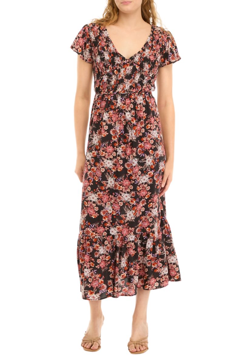 Womens Flutter Sleeve Floral Smocked Midi Dress